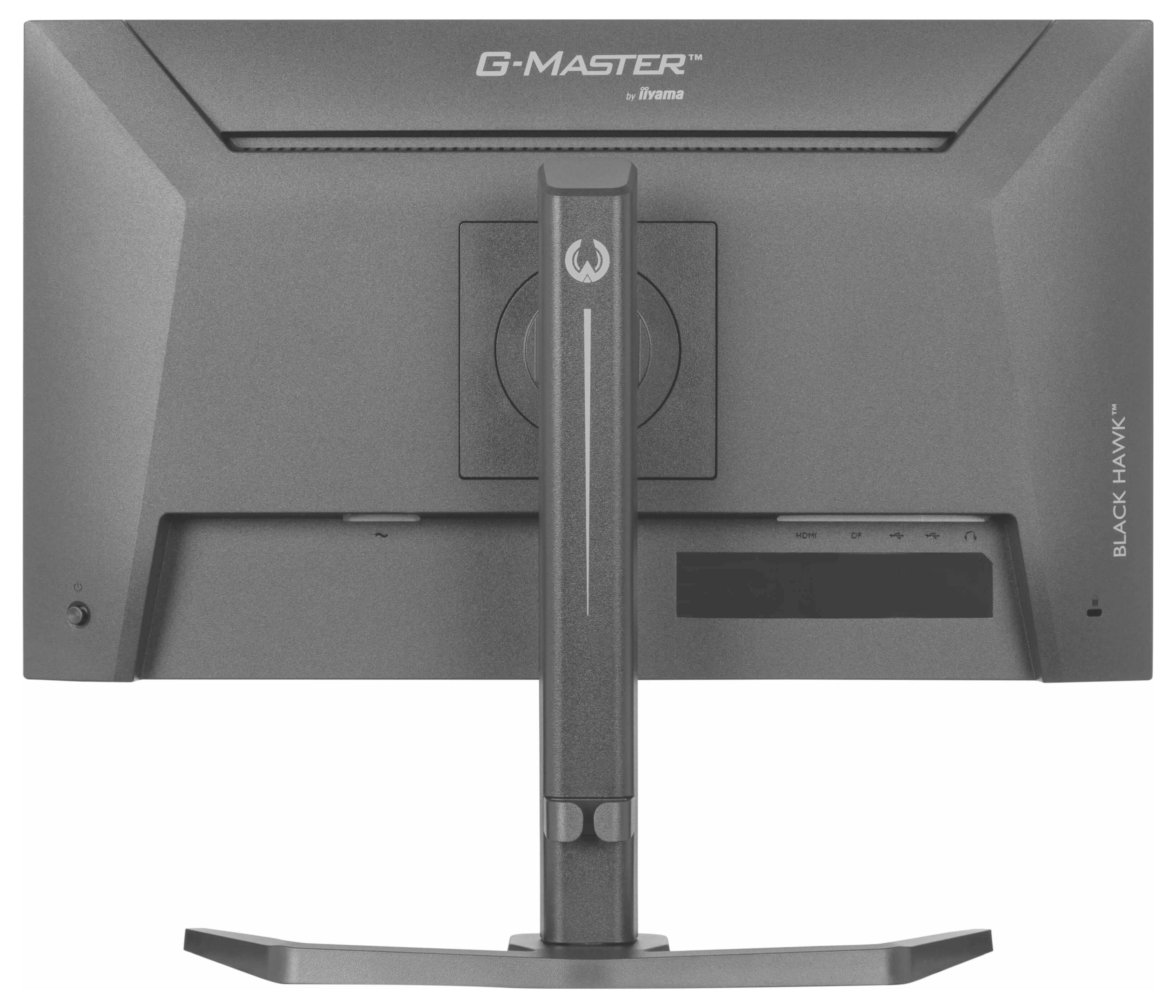 Das Bild zeigt die Rückansicht eines iiyama G-Master Black Hawk Monitors und hebt seinen Ständer und die hinteren Designmerkmale hervor.
