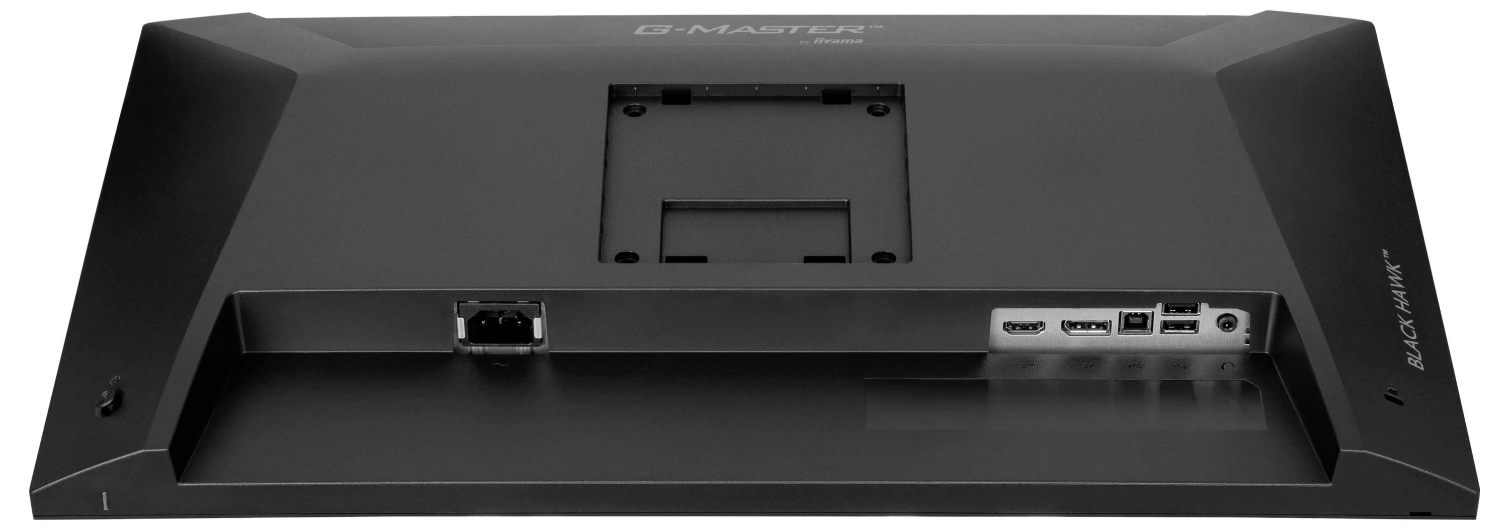 Das Bild zeigt die Rückseite eines G-Master-Monitors. Es umfasst verschiedene Anschlüsse wie HDMI, DisplayPort und USB, die sich im unteren rechten Bereich befinden.