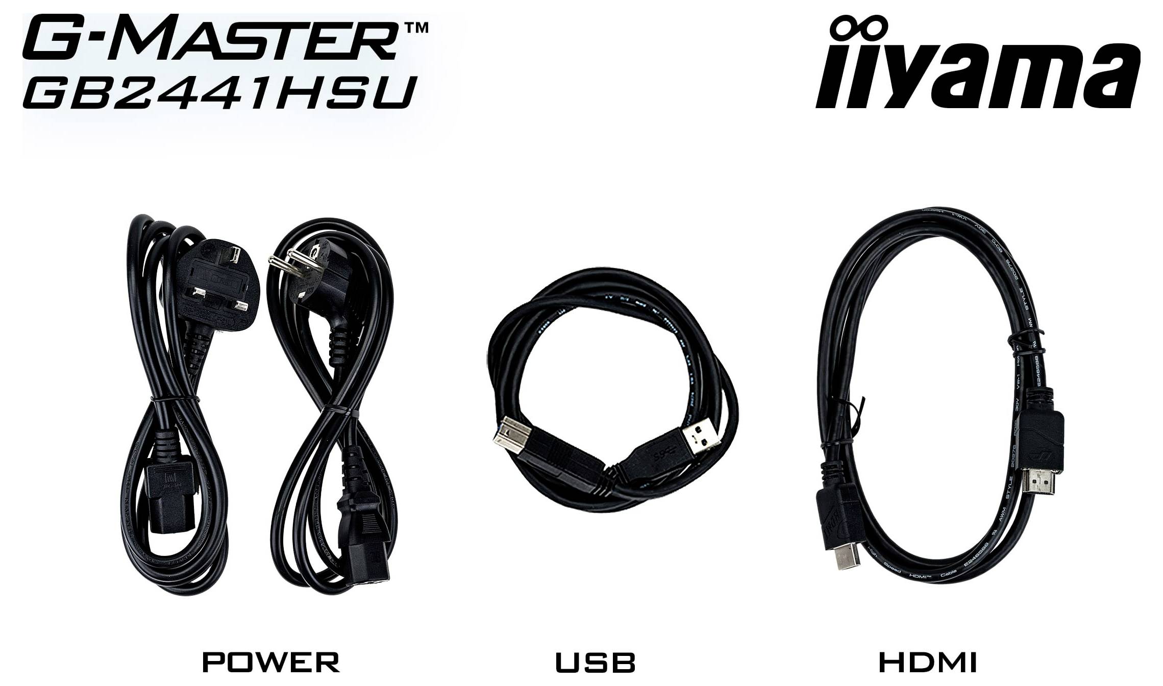 iiyama G-Master GB2441HSU Kabelset mit Strom-, USB- und HDMI-Kabeln einzeln dargestellt, wobei die Kompatibilität hervorgehoben wird.