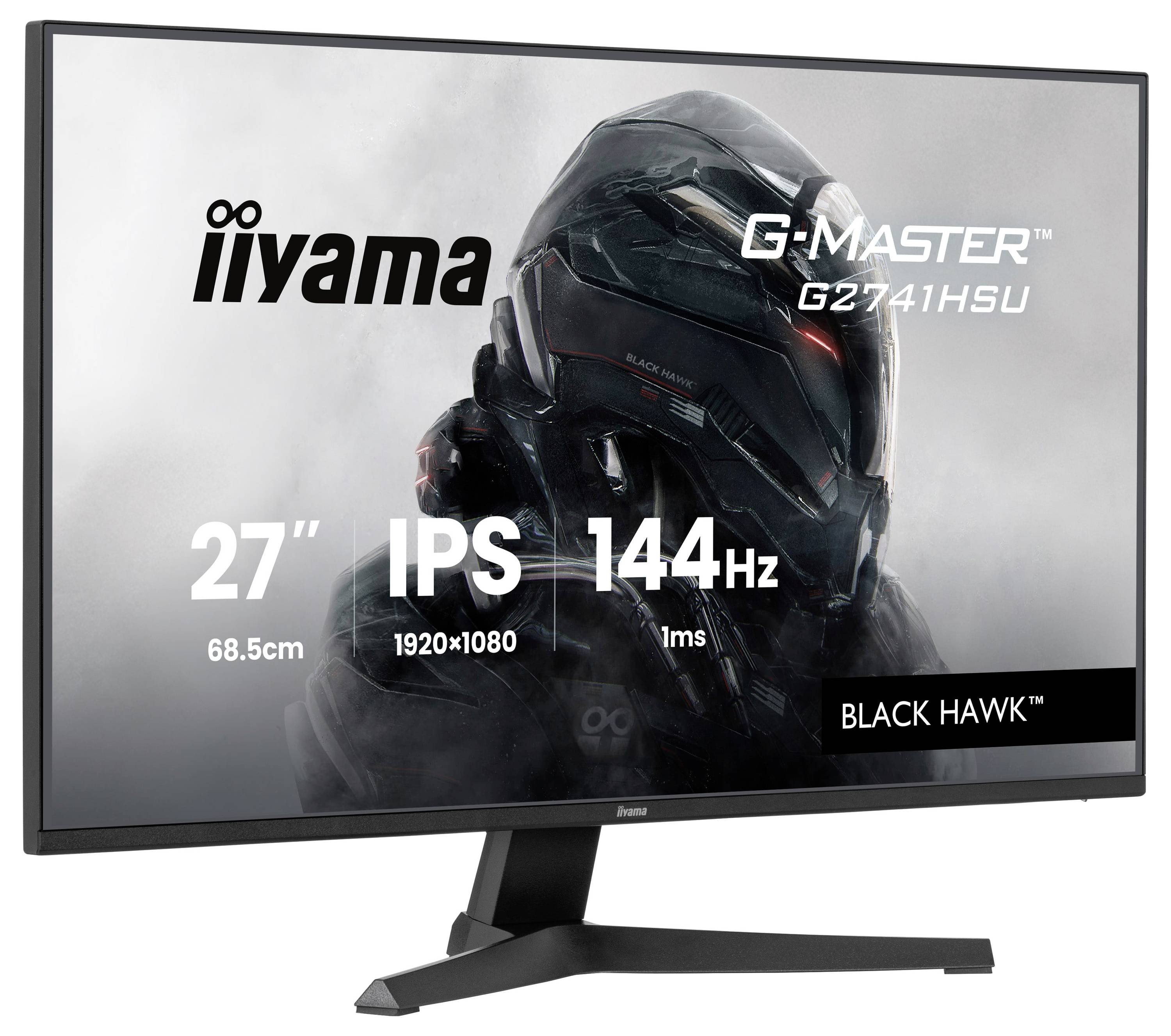 Ein 27-Zoll-iiyama G-Master-Monitor mit 144-Hz-Aktualisierungsrate, 1-ms-Reaktionszeit und IPS-Panel. Modellname: G2741HSU, Black Hawk.