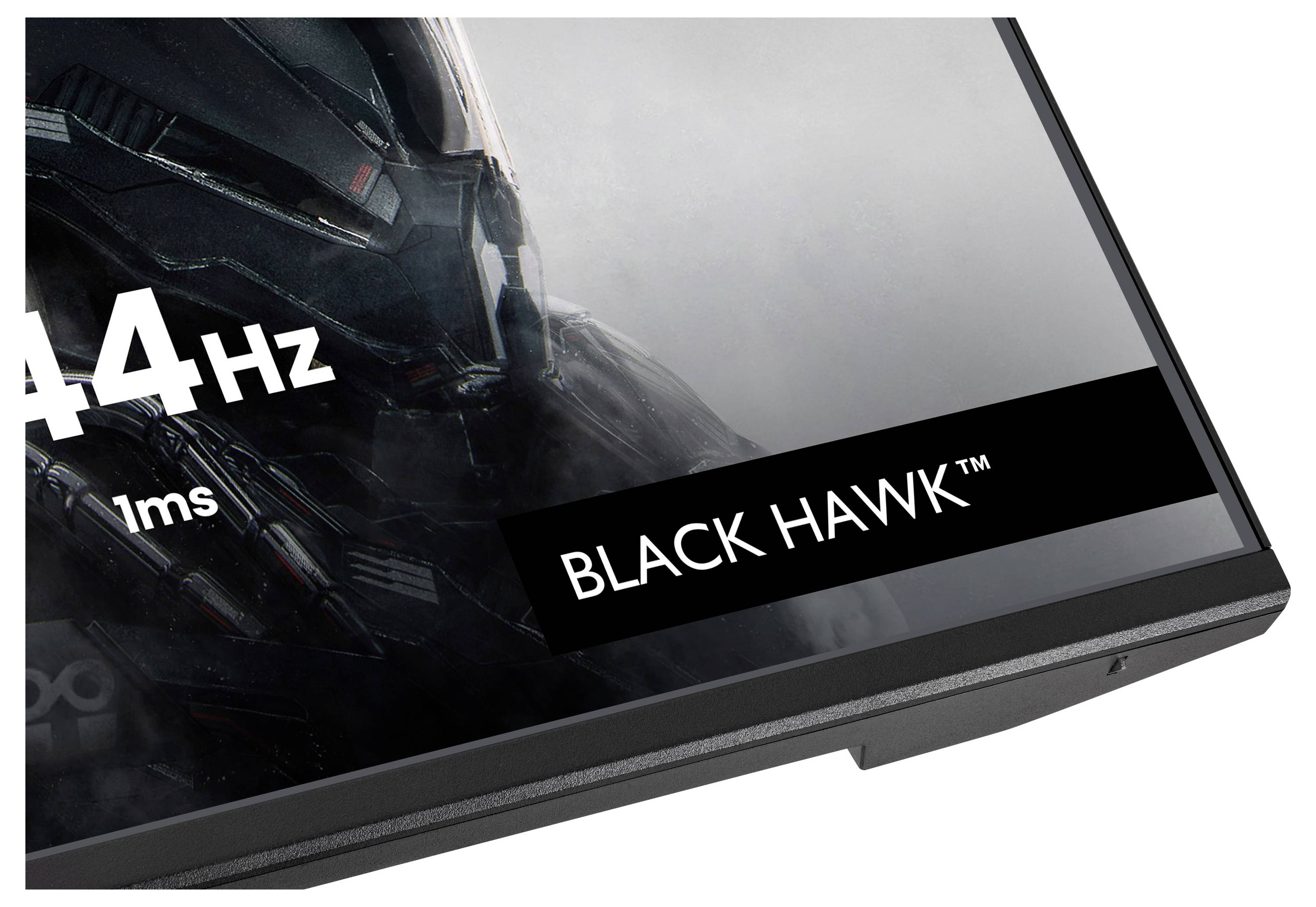 Ein Computermonitor mit einem Design, das einen futuristischen Krieger zeigt. Auf dem Bildschirm werden „144Hz