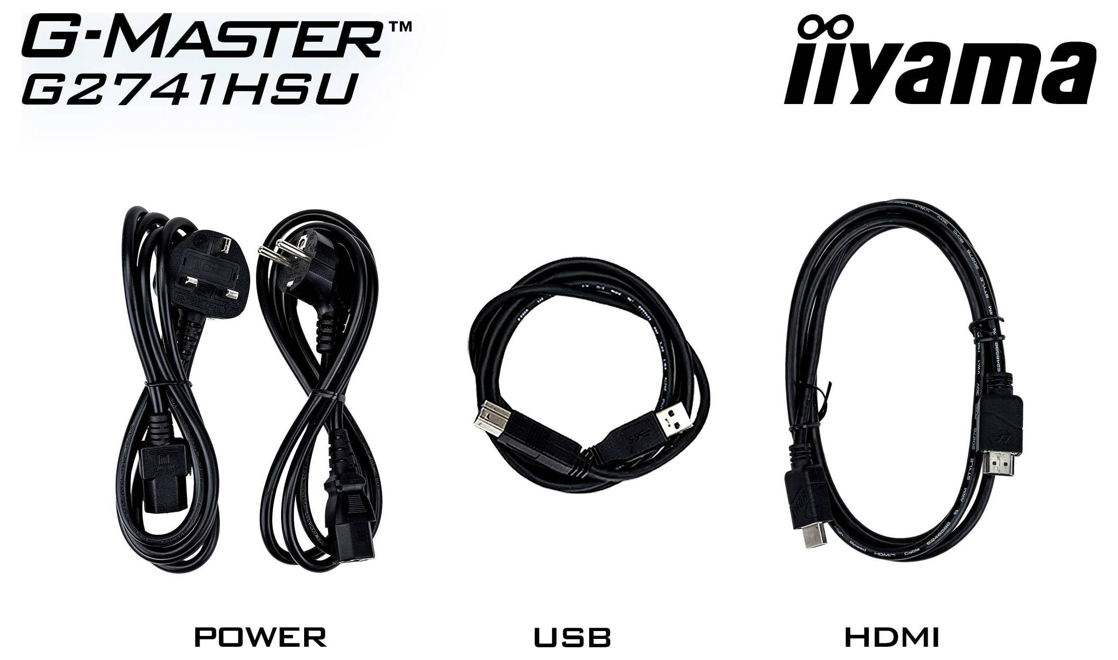 Iiyama G-Master G2741HSU Monitor Kabel: Stromkabel, USB-Kabel, HDMI-Kabel, alle aufgerollt und beschriftet.