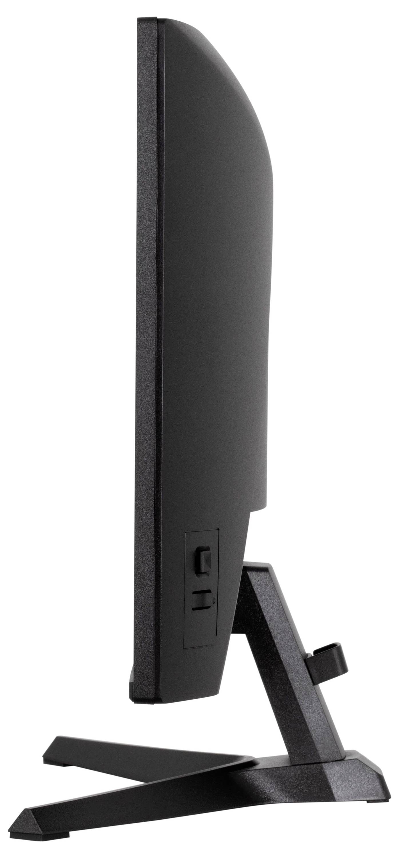 Ein schlanker, schwarzer Computermonitor von der Seite betrachtet, der sein dünnes Design und seinen verstellbaren Ständer präsentiert.