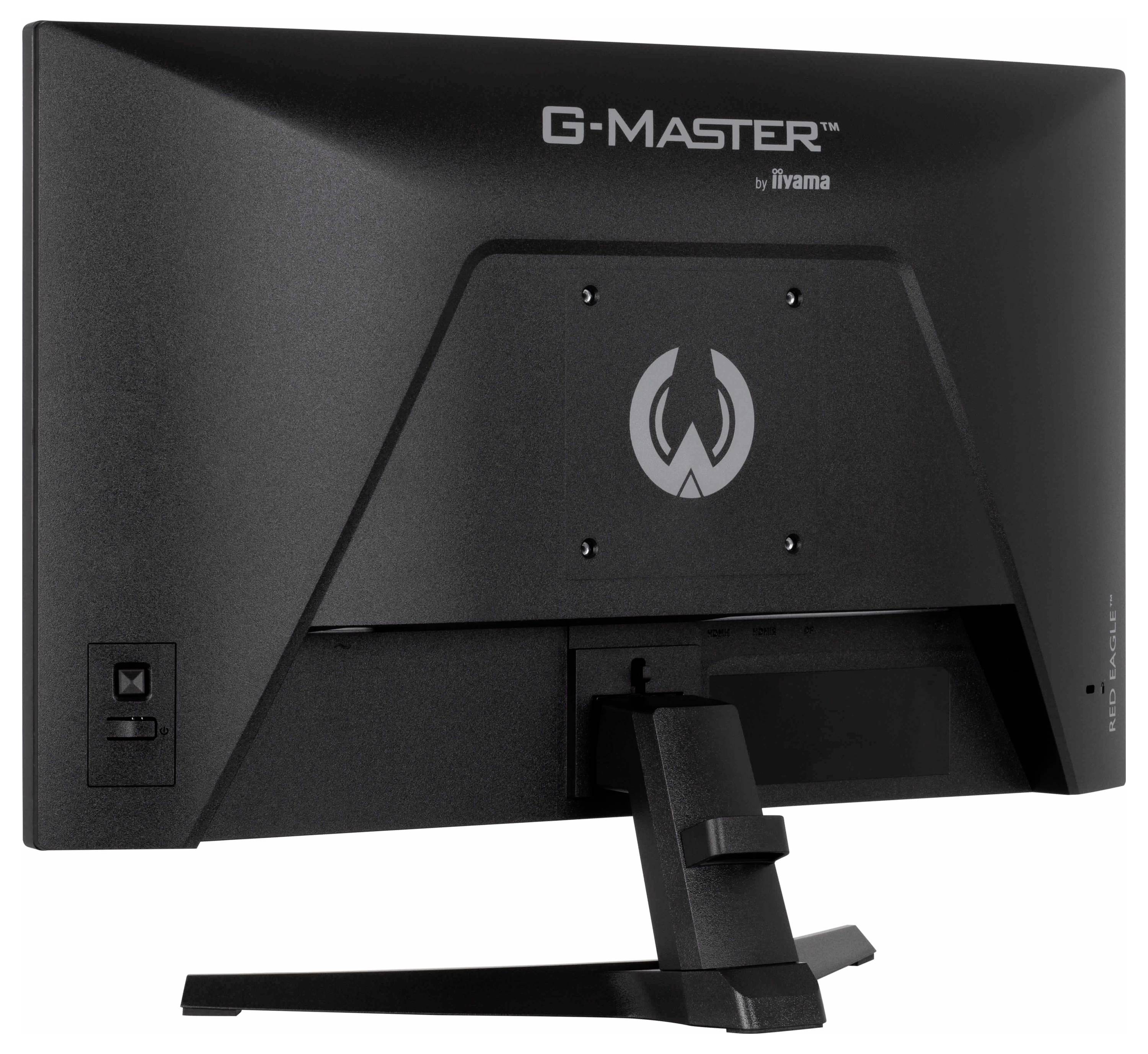 Ein schwarzer Computermonitor, von hinten betrachtet, zeigt das Branding „G-Master by iiyama