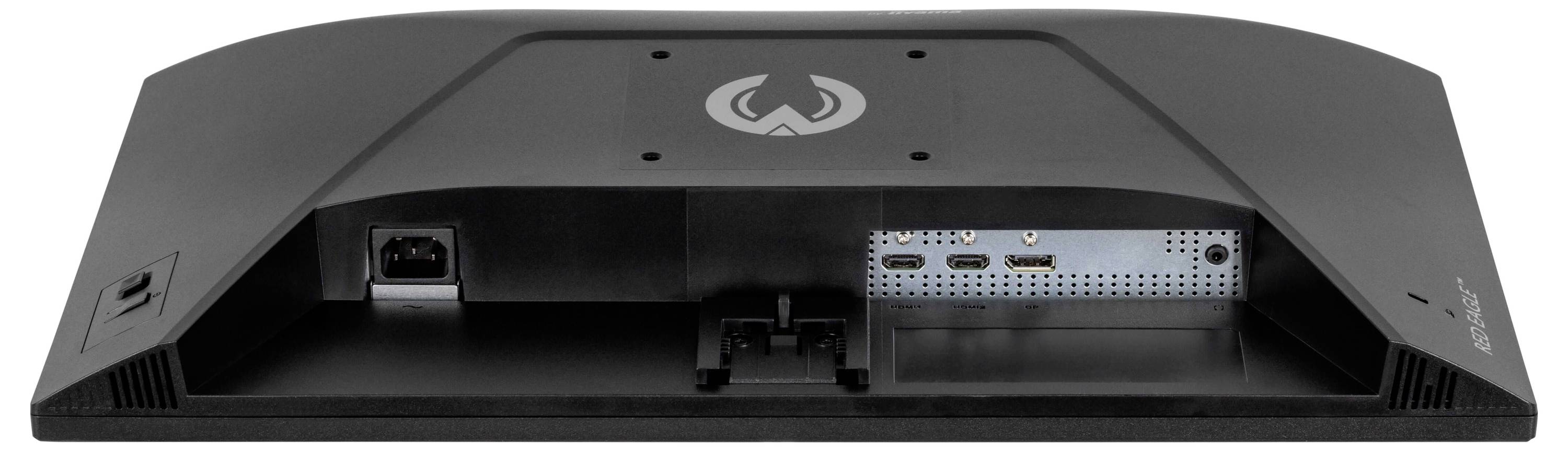 Eine Spielkonsole von hinten, die einen Netzwerkanschluss, HDMI-Anschlüsse und einen Lüftungsschlitz zeigt, mit einem Logo auf der Oberseite.