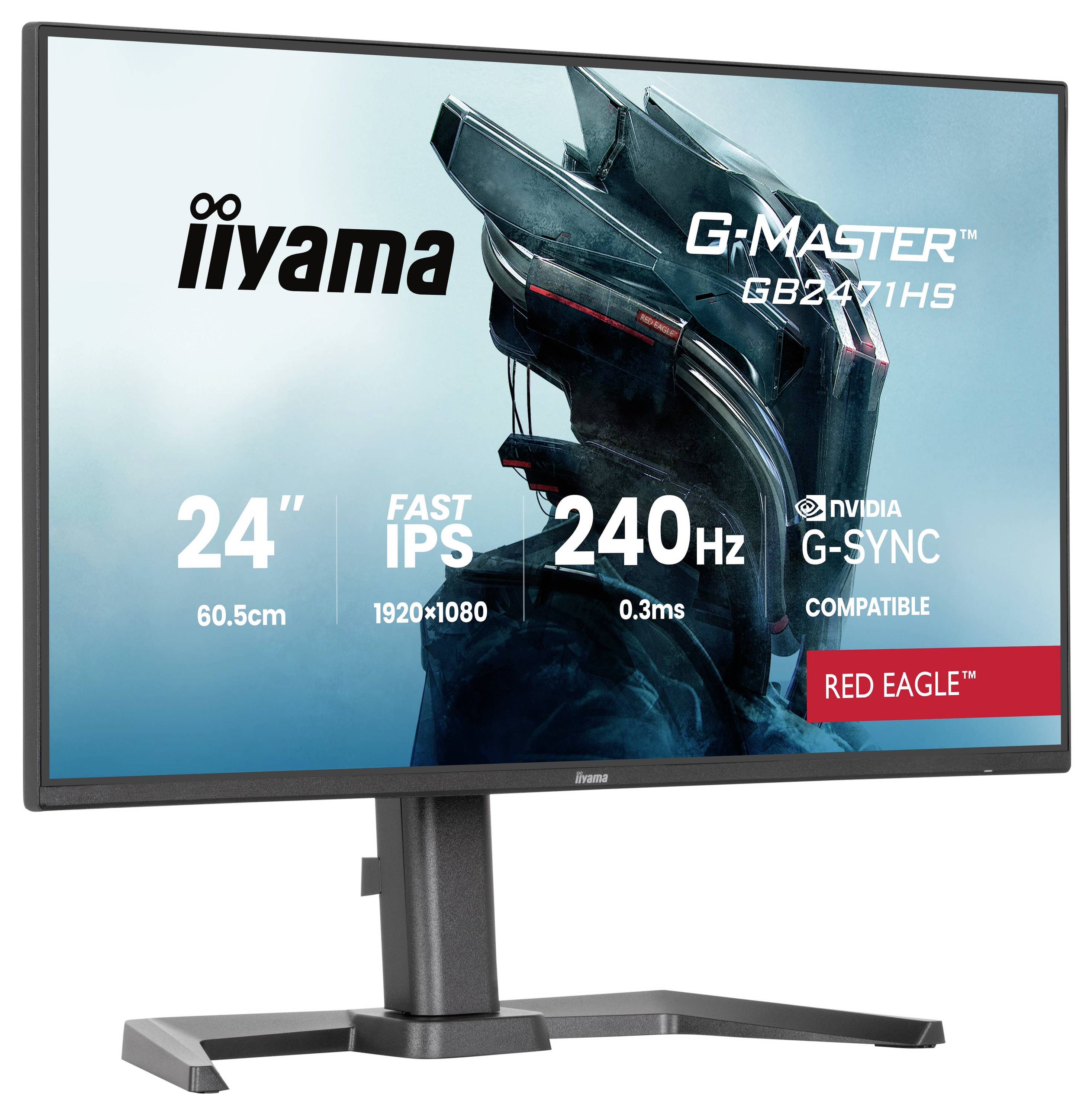 Ein Computermonitor, der ein futuristisches Roboterbild anzeigt. Der Text lautet „iiyama G-Master GB2471HS, 24'' Fast IPS, 1920x1080, 240Hz, 0,3ms, NVIDIA G-Sync kompatibel, Red Eagle