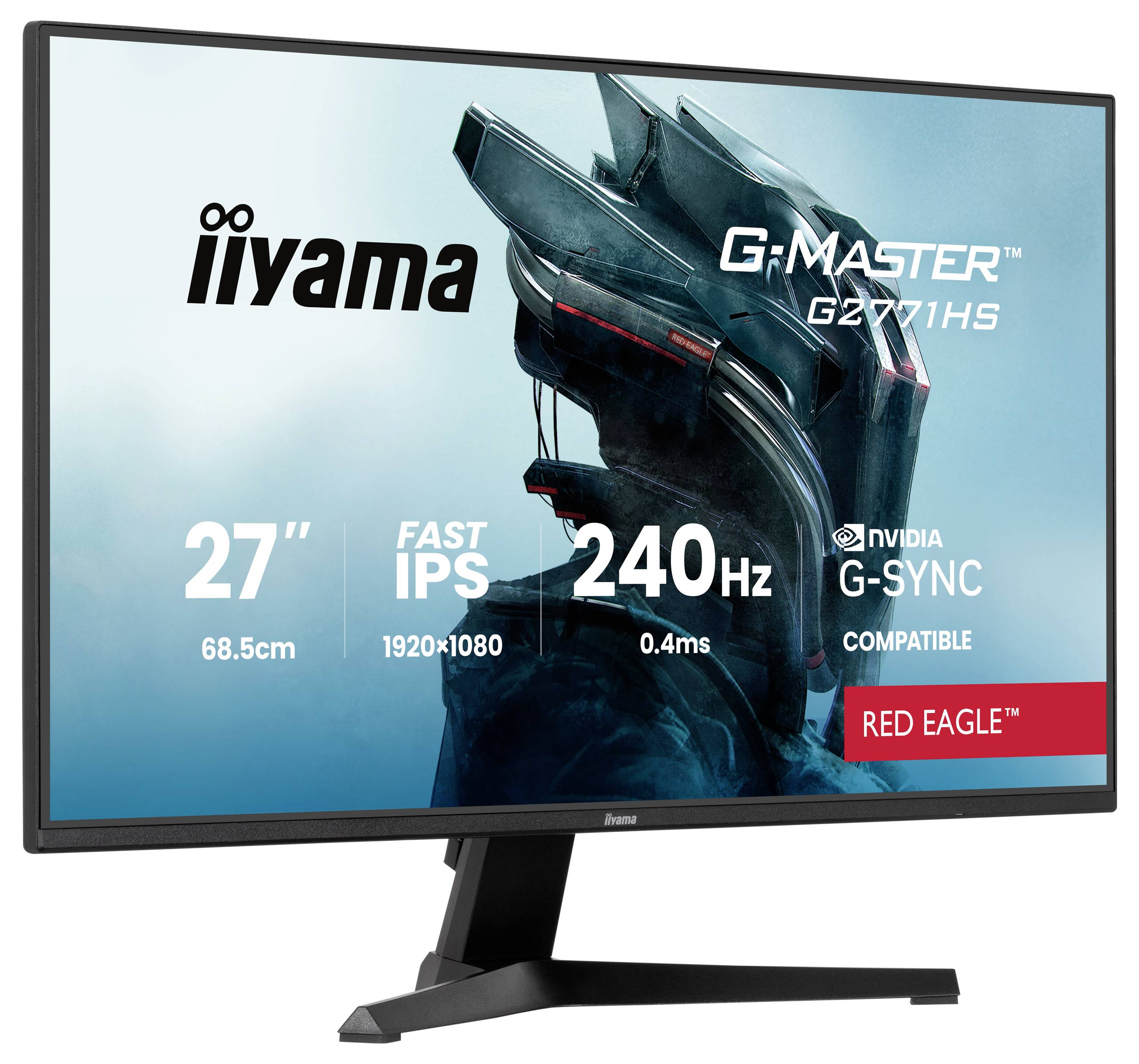 Ein Monitor zeigt ein futuristisches Bild auf dem Bildschirm. Der Text lautet: „iiyama G-Master G2771HS, 27