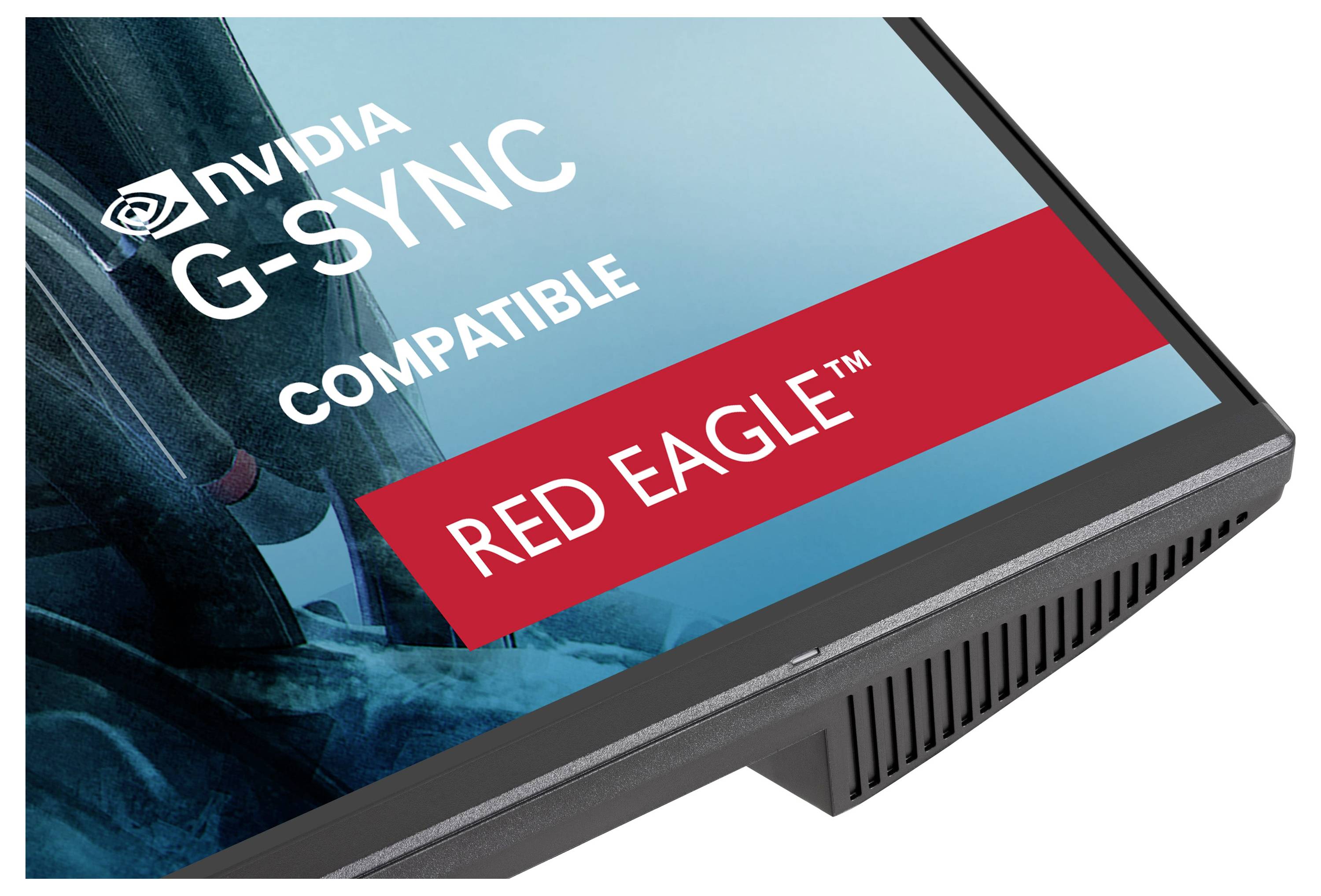„Monitorbildschirm mit NVIDIA G-SYNC-Kompatibilität und einem roten Banner mit der Bezeichnung „RED EAGLE