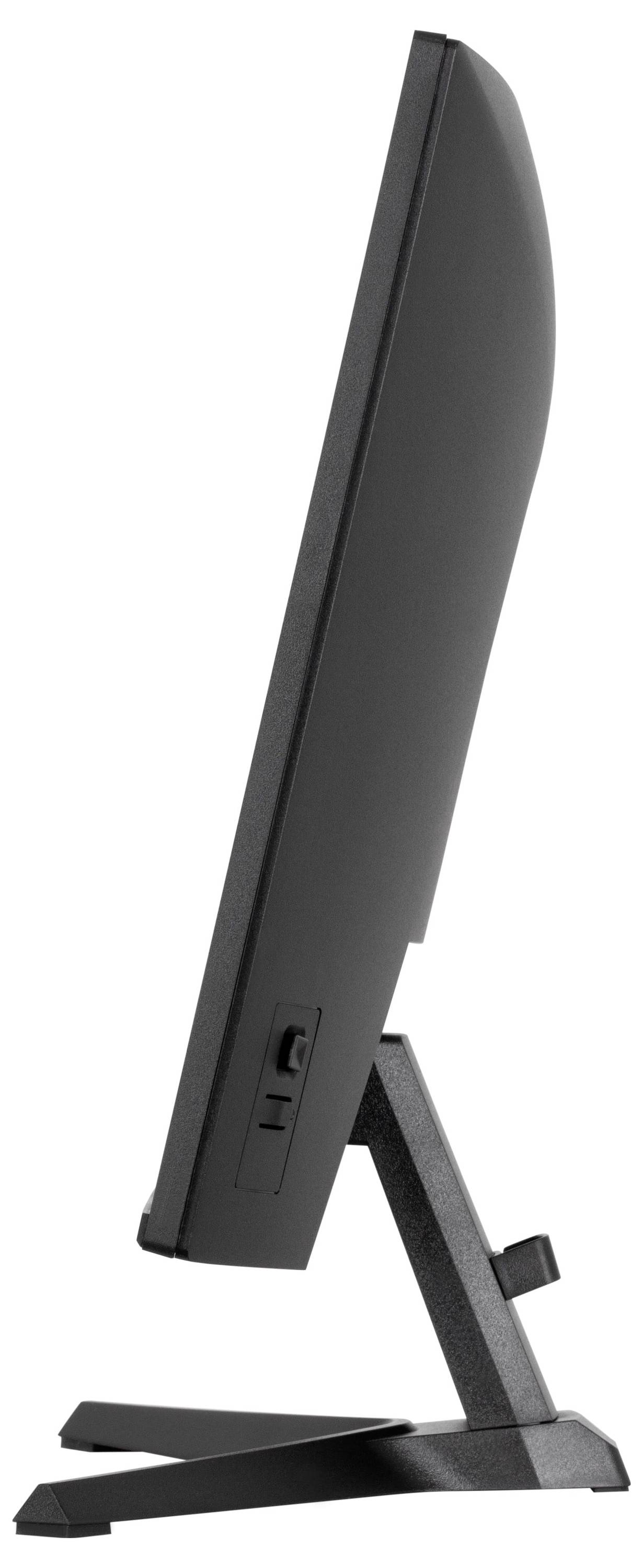 Ein schwarzer Computer-Monitor von der Seite, auf einem Ständer, der das dünne Profil und die hinteren Anschlussanschlüsse zeigt.