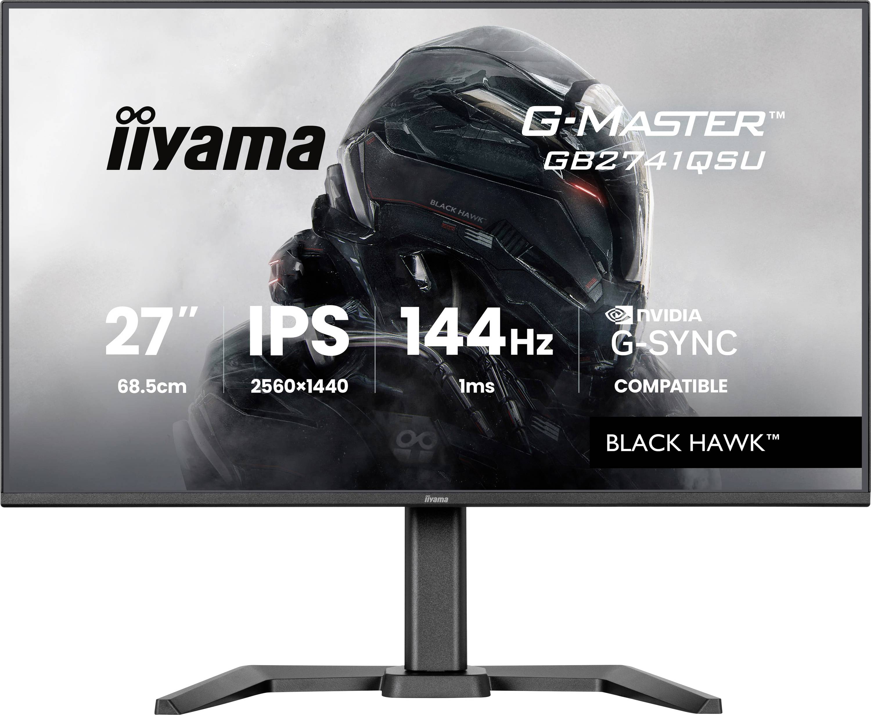 Monitor mit Bild einer gepanzerten Figur mit folgenden Spezifikationen: 27 Zoll, IPS, 2560x1440 Auflösung, 144Hz, 1ms Reaktionszeit, NVIDIA G-SYNC kompatibel.