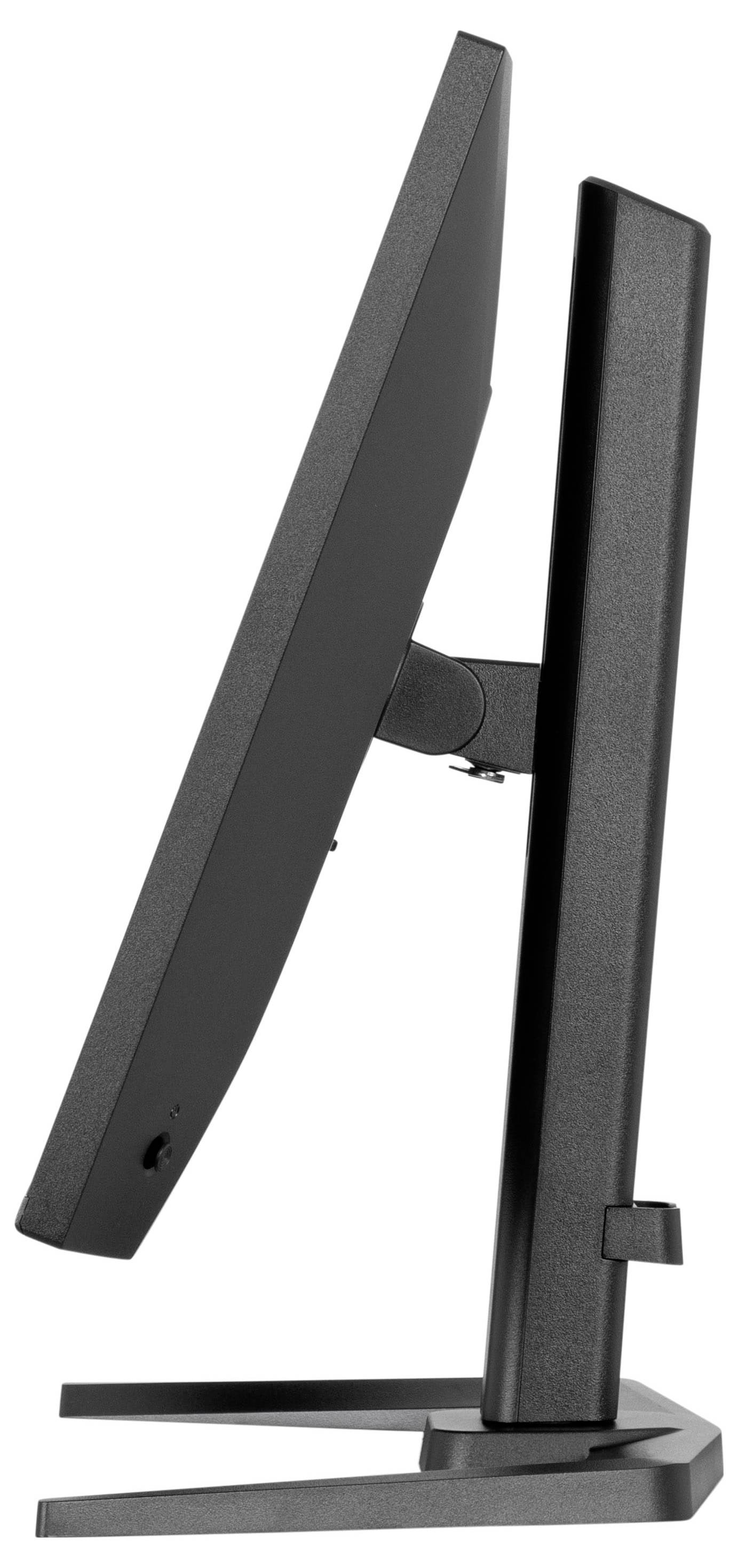 Seitenansicht eines schwarzen Computermonitors auf einem Ständer.