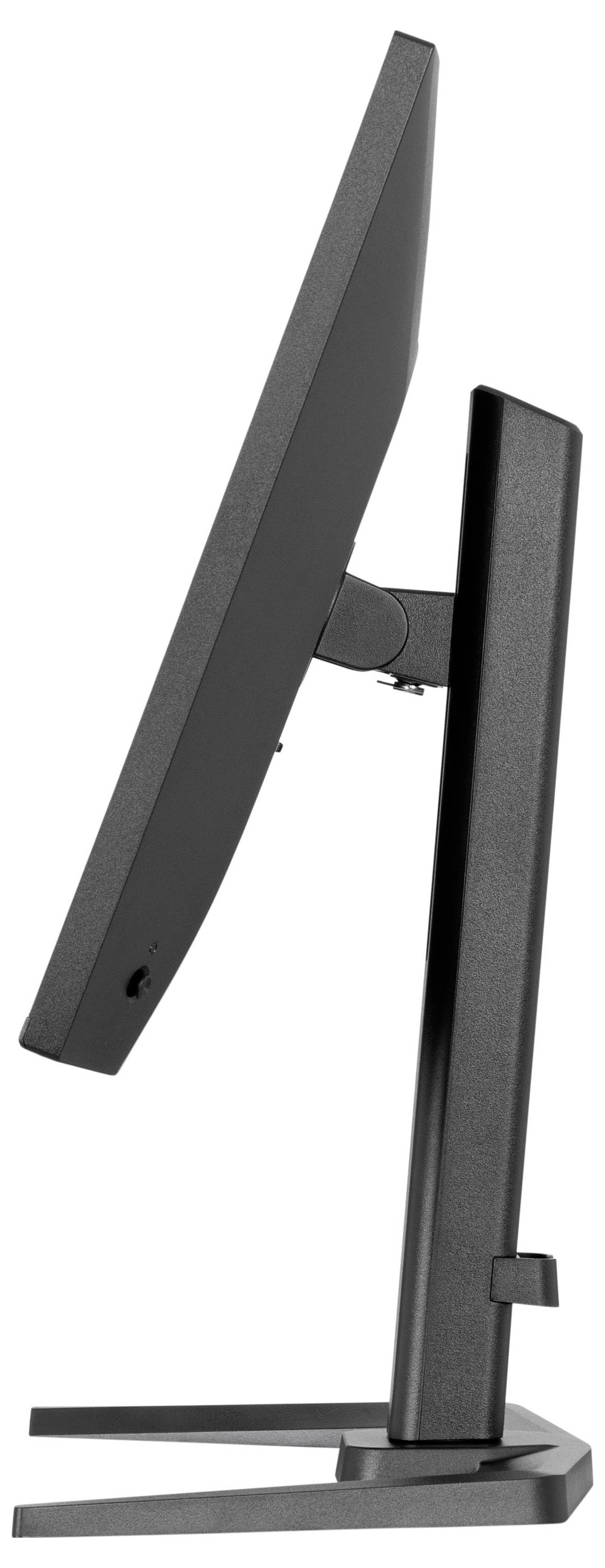 Eine Seitenansicht eines dünnen schwarzen Computermonitors mit einem stabilen rechteckigen Ständer, der das schlanke Design und die verstellbare Neigungsfunktion betont.