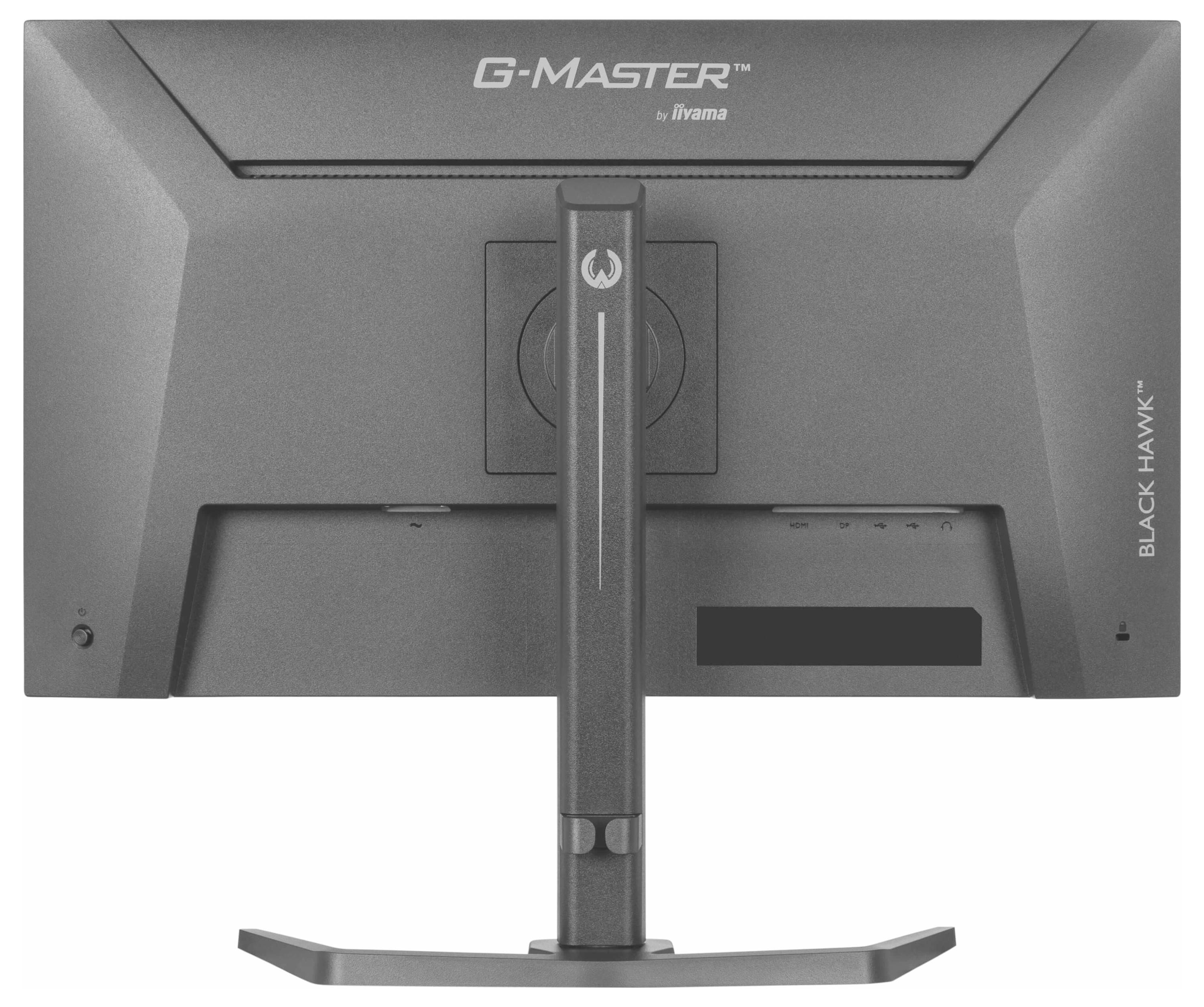 Die Rückansicht eines G-Master Black Hawk Monitors von iiyama mit einem zentralen Ständer mit Branding und mehreren Anschlüssen auf der rechten Seite.