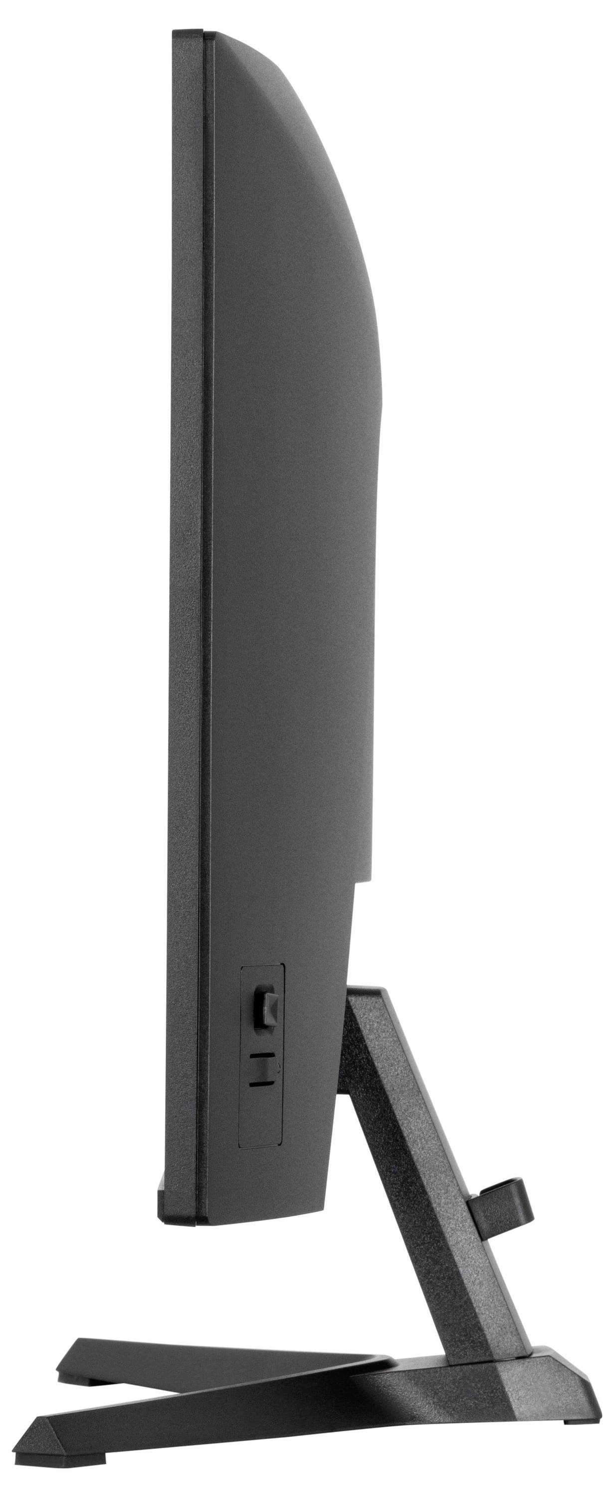 Eine schlanke Seitenansicht eines schwarzen Computermonitors mit Ständer, die einen Netzschalter und ein minimalistisches Design zeigt.