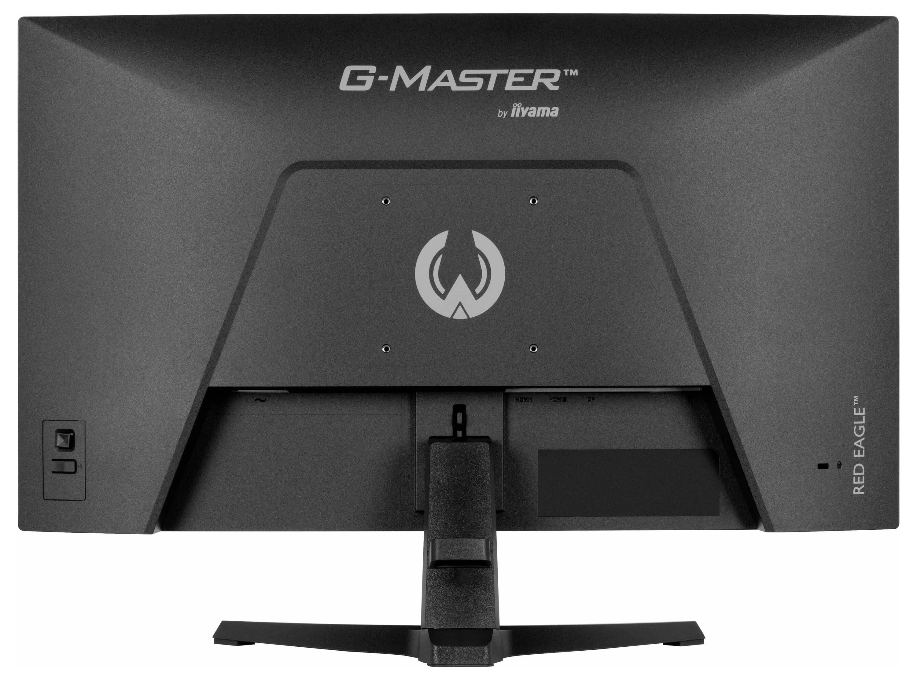 Das Bild zeigt die Rückseite eines schwarzen Computermonitors mit einem Ständer. Es hat ein Logo und den Text „G-Master Red Eagle