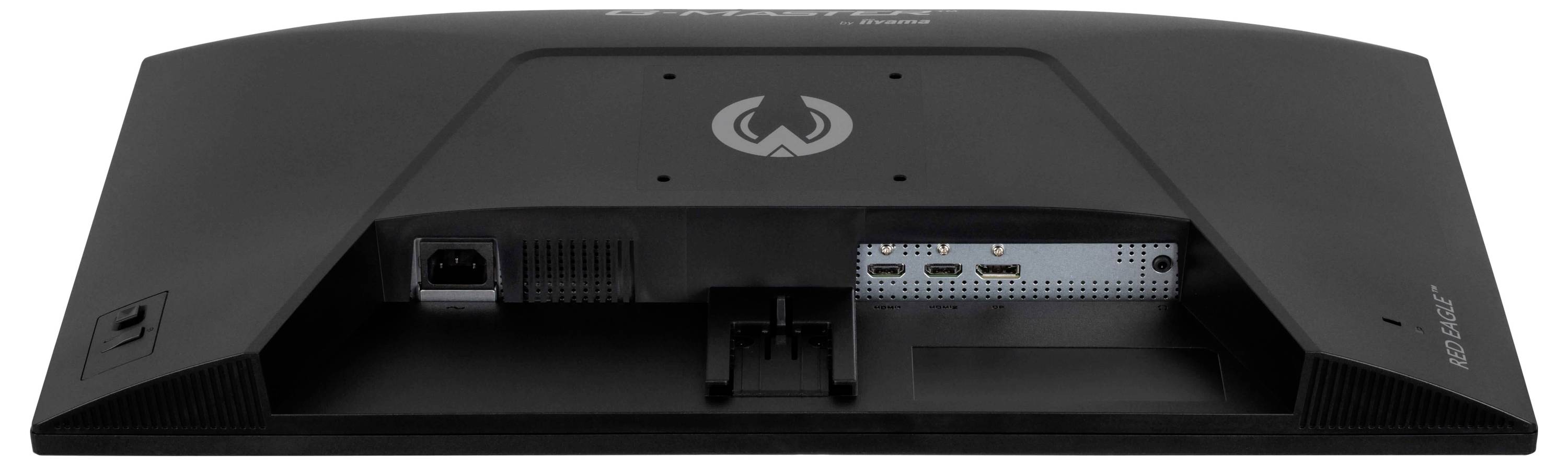 Rückansicht eines schwarzen Gaming-Monitors mit seinen Anschlüssen, einschließlich Strom-, HDMI- und DisplayPort-Verbindungen. Das Logo der Marke ist sichtbar.