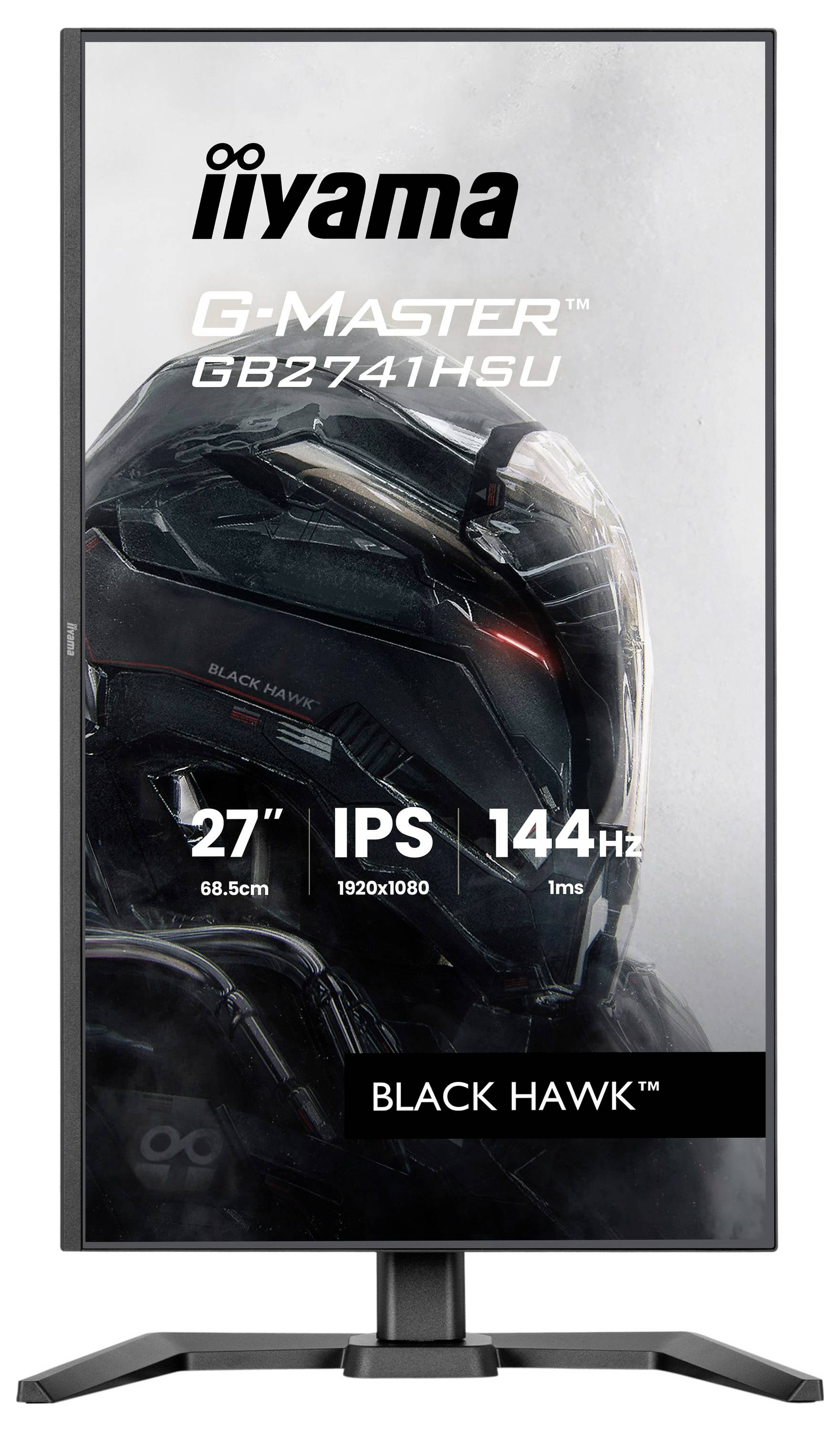 Monitor-Ecke mit Text auf dem Bildschirm: '27', '68,5cm', '1920x1080', die Spezifikationen des Geräts anzeigend.