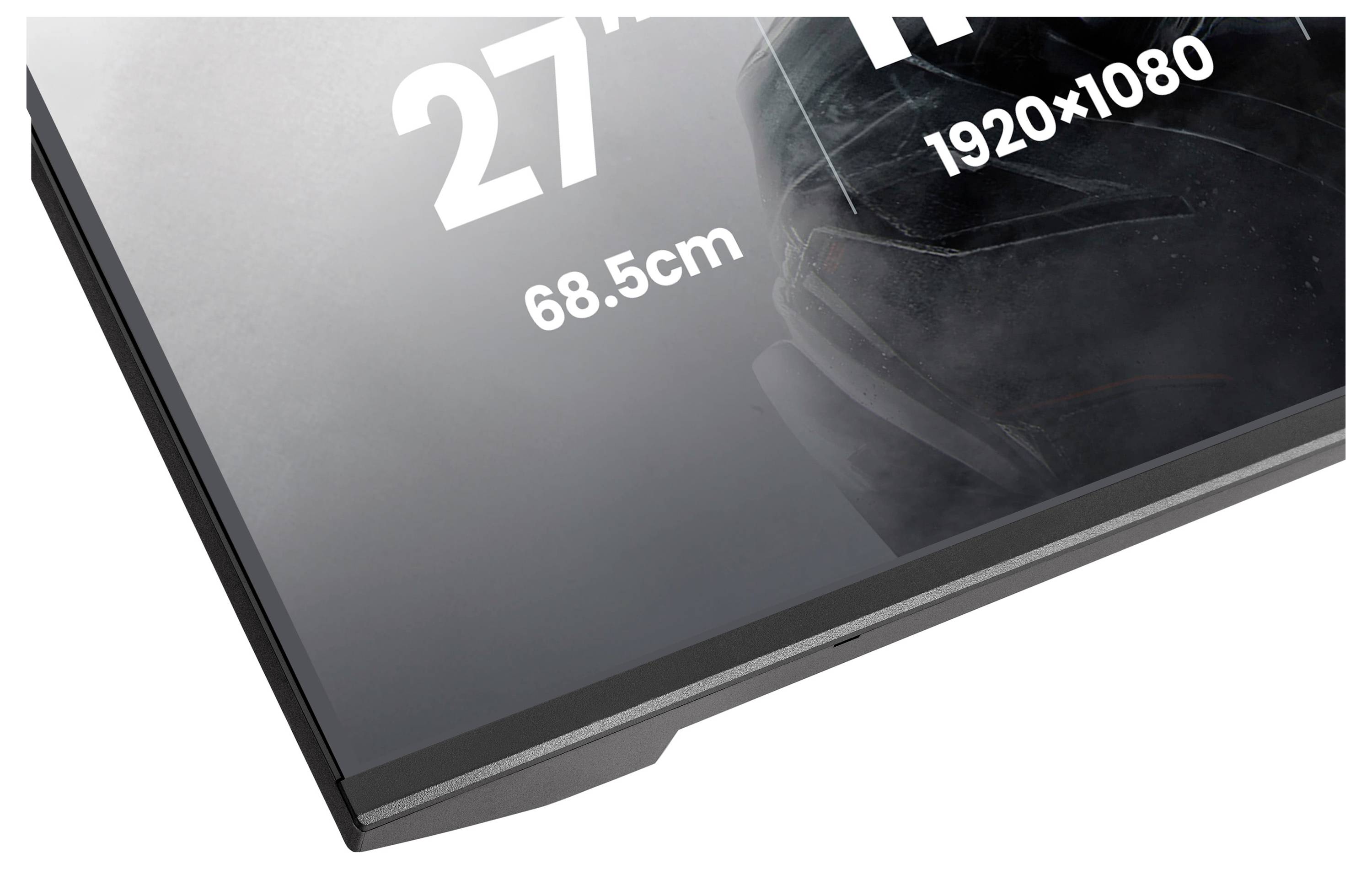 Eine Ecke eines Computermonitorbildschirms zeigt Spezifikationen „27 Zoll, 68,5 cm, 1920x1080
