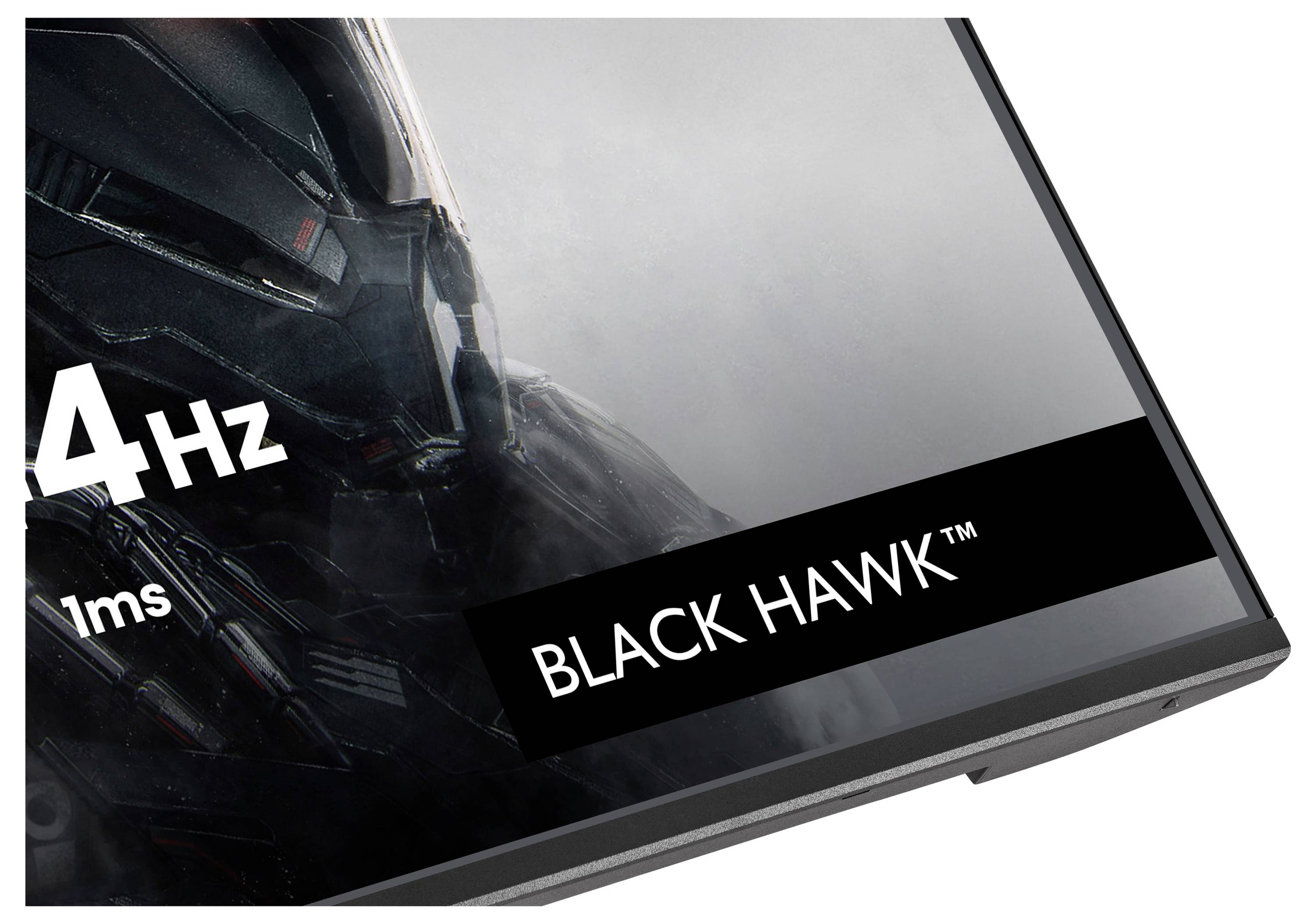 'BLACK HAWK™' Text in einer Ecke eines Monitors, neben '4 Hz 1ms', mit einem Teilbild einer robotischen oder gepanzerten Figur.