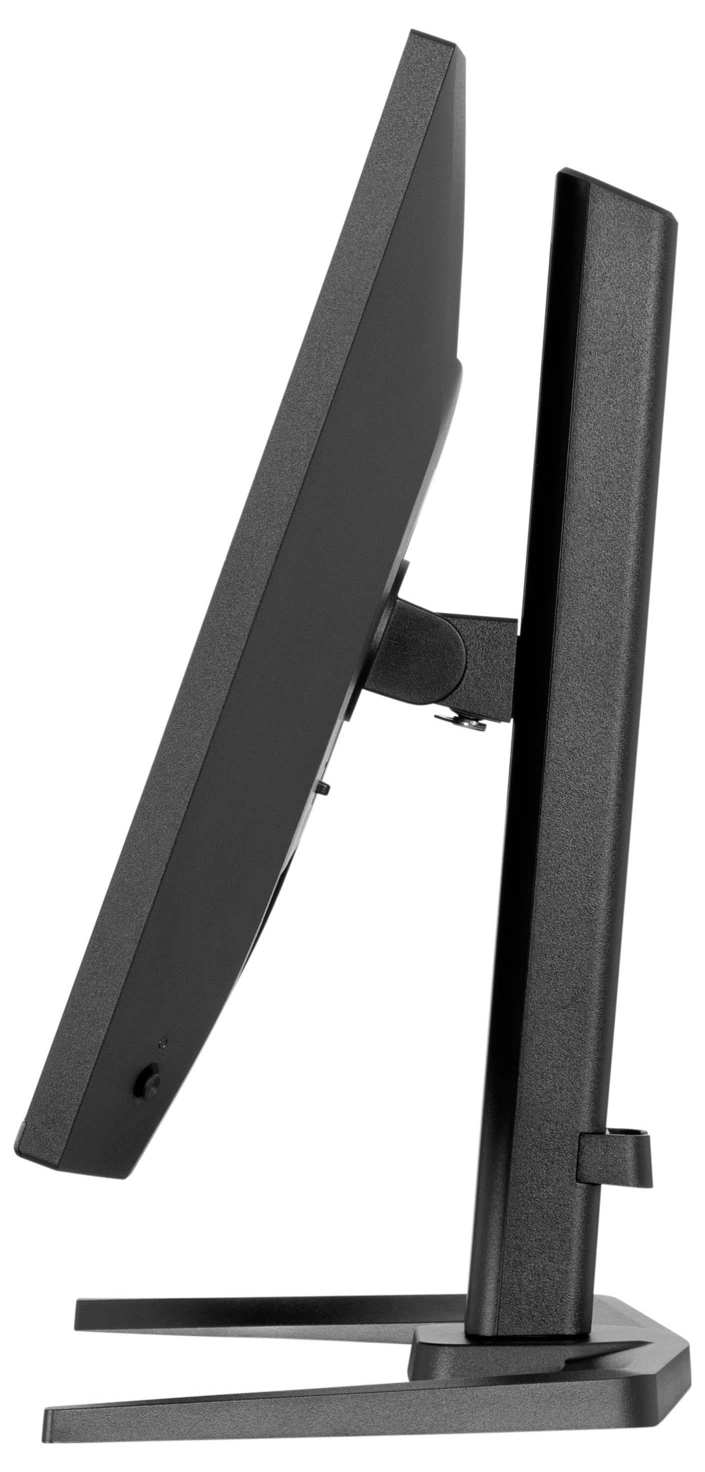 Seitenansicht eines schwarzen Computermonitors auf einem Ständer, die das dünne Profil und die ergonomische Neigungseinstellungsfunktion zeigt.