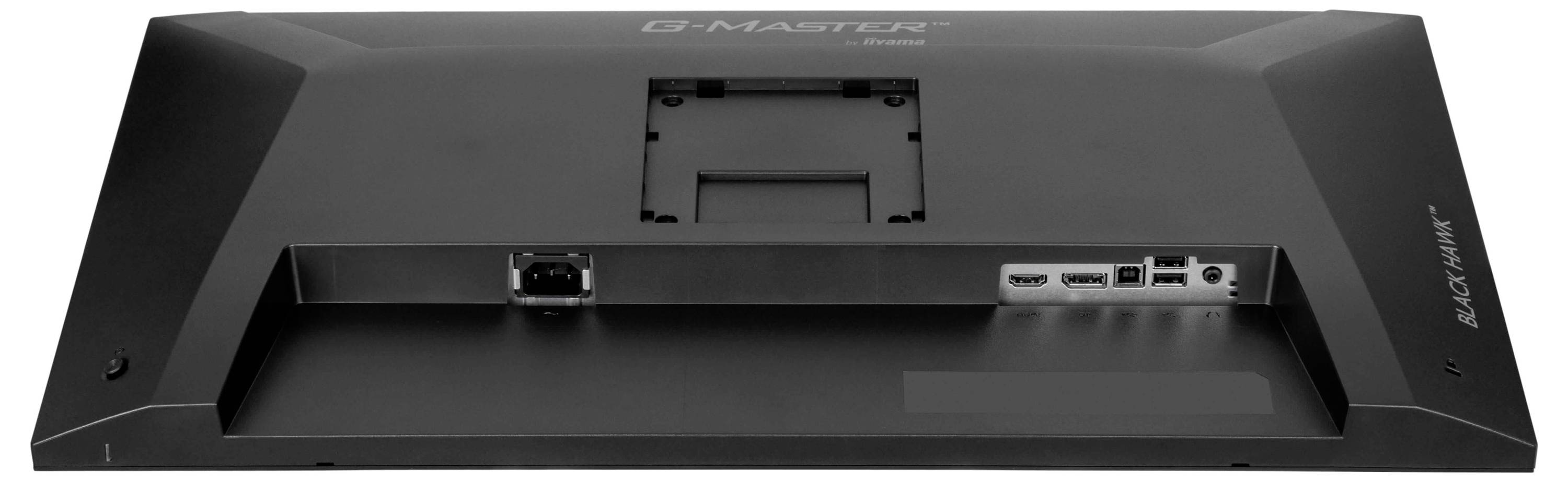 Rückansicht eines Monitors mit verschiedenen Anschlüssen, einschließlich HDMI, DisplayPort, Audiobuchse und Stromstecker, sowie einem VESA-Montagebereich.