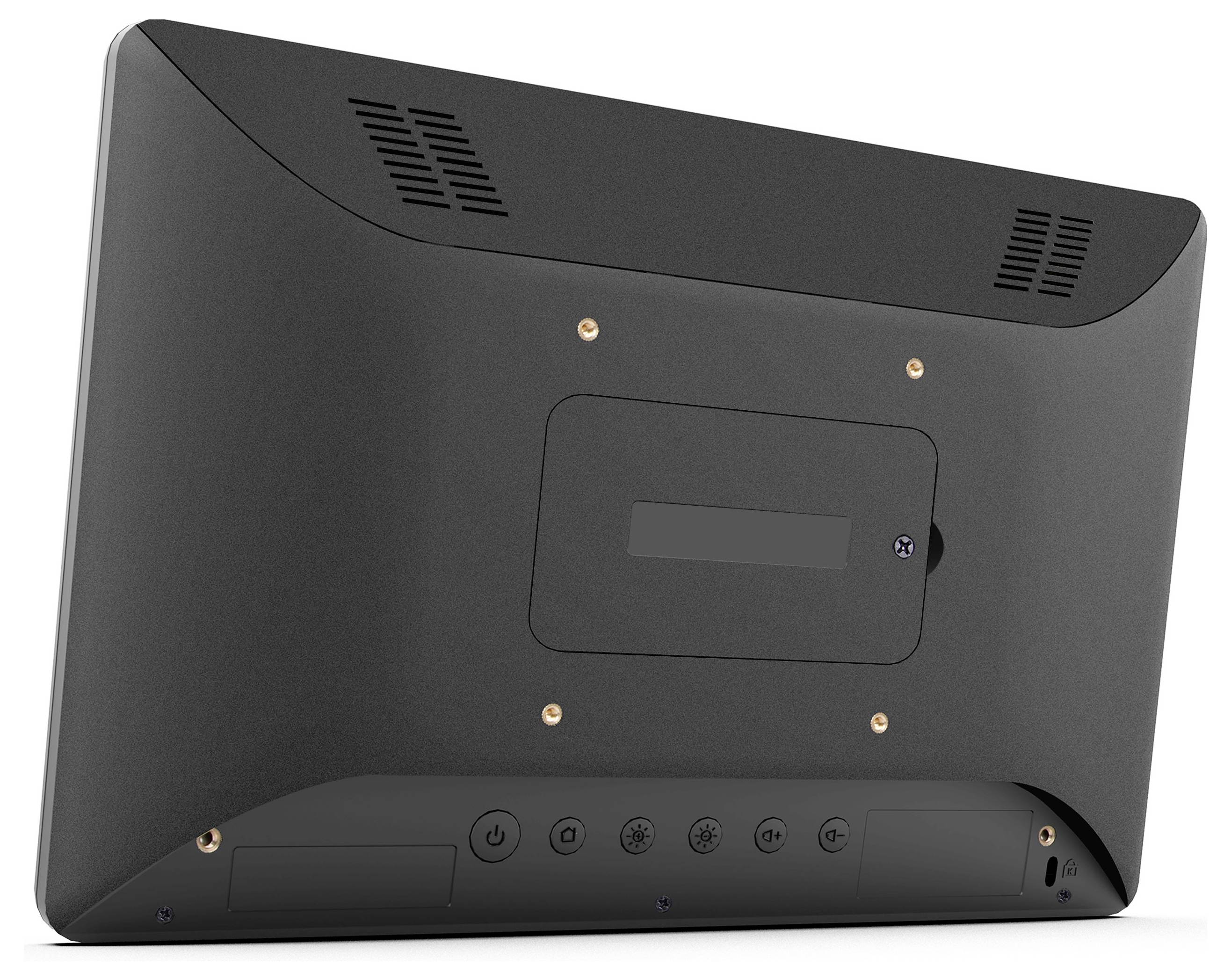 Eine schwarze Tablette mit verschiedenen Anschlüssen und Tasten wird von der Rückseite gezeigt und verfügt über ein Belüftungsgitter und ein rechteckiges Bedienfeld.