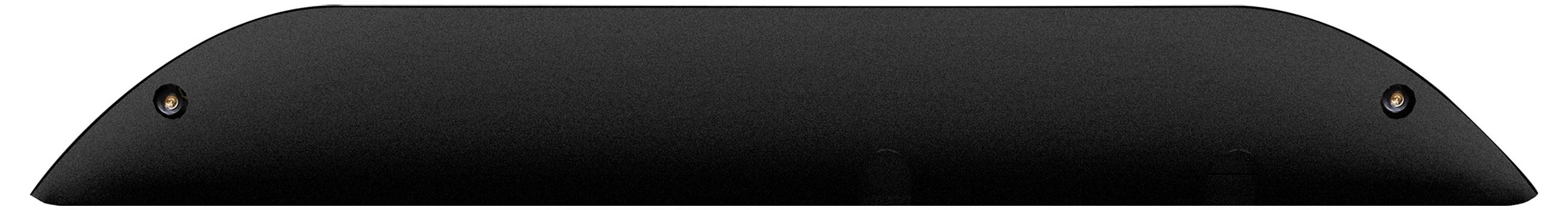 Ein schwarzer Arcade-Knopf für die Tischplatte mit elegantem, abgerundetem Design und zwei kleinen versenkten Schraubenlöchern auf beiden Seiten zur Montage.