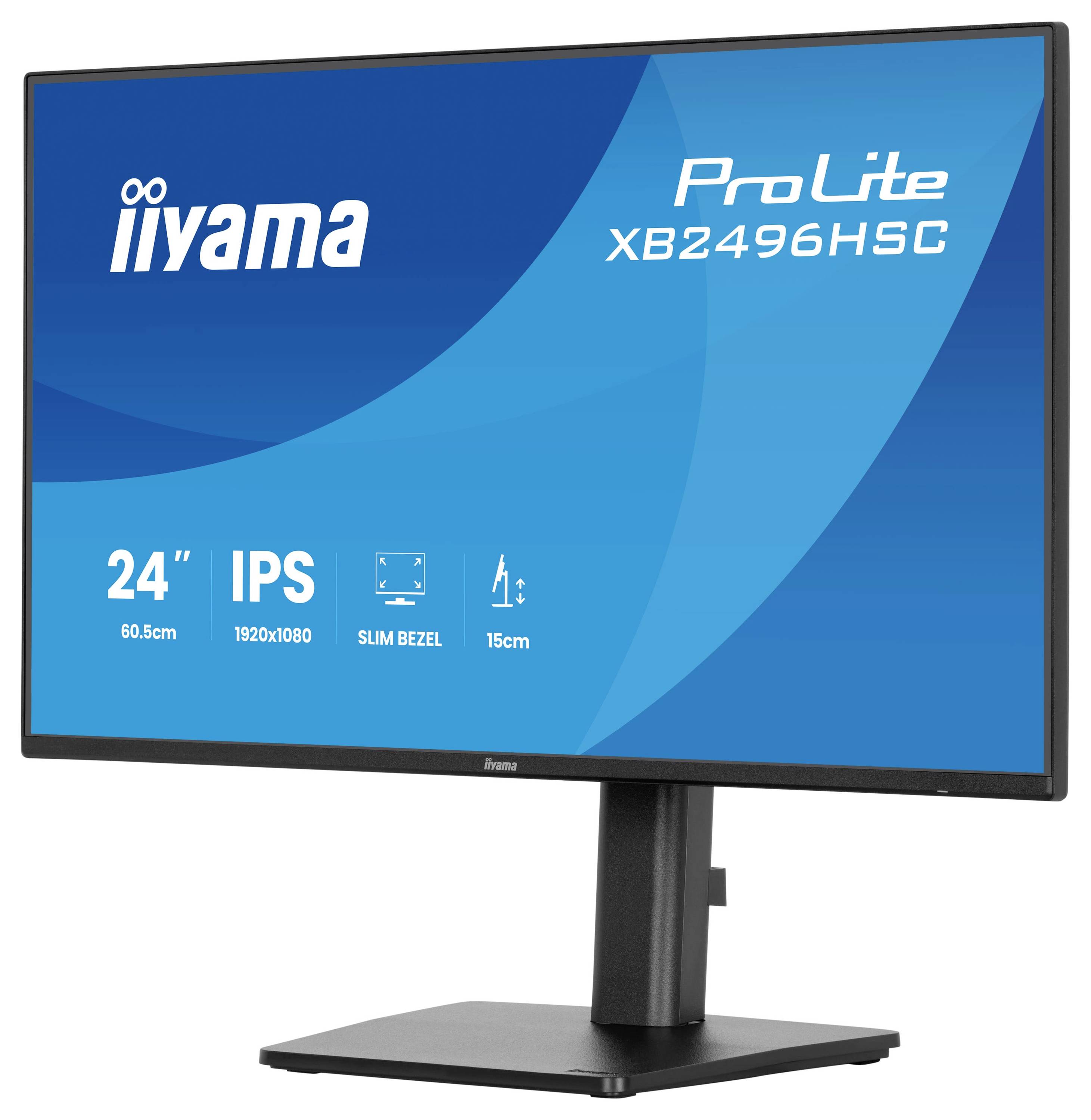 Ein Computermonitor, auf dessen Bildschirm der Text „iiyama ProLite XB2496HSU, 24 Zoll, 60,5 cm, IPS, 1920x1080, Slim Bezel, 15cm