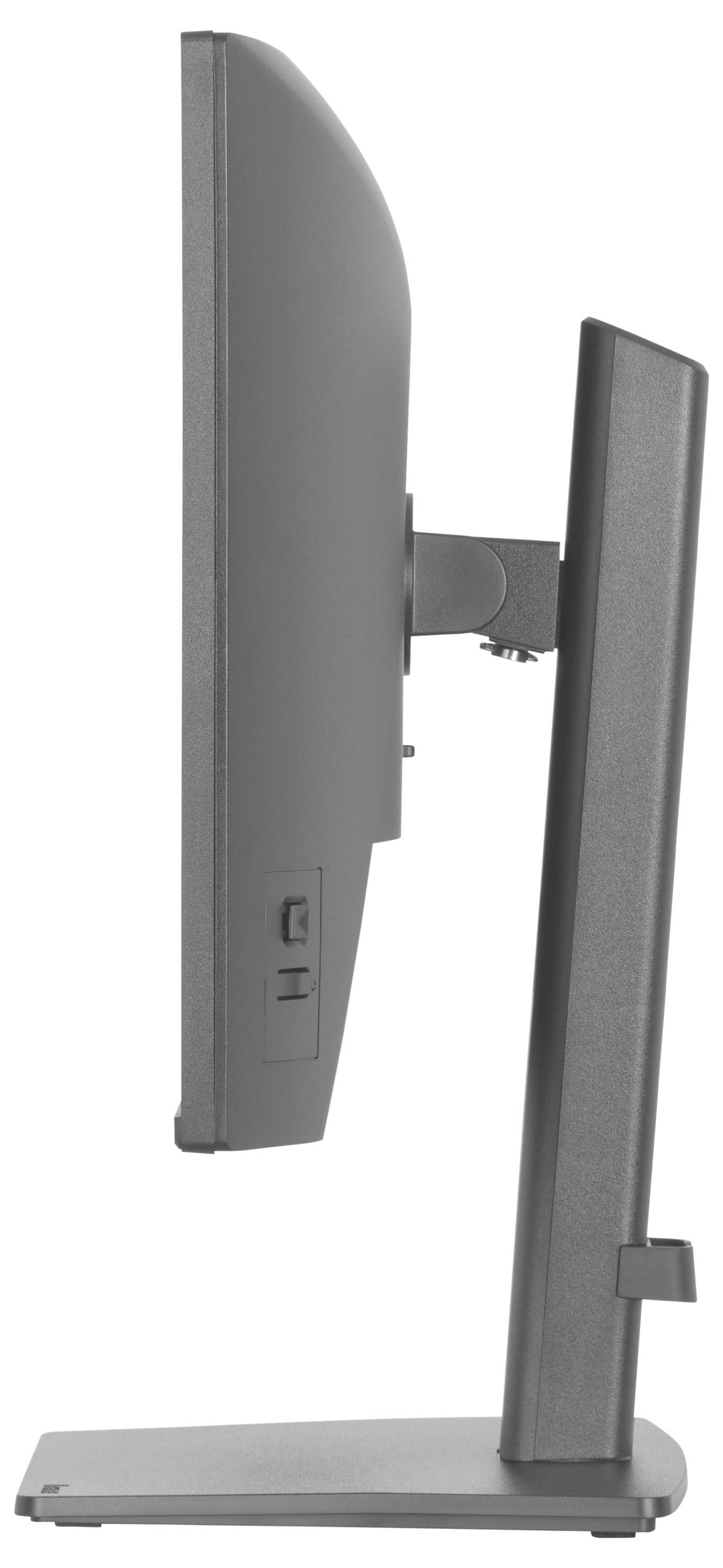 Eine Seitenansicht eines Flachbildschirm-Computermonitors auf einem Ständer, die sein schlankes Design und seine verstellbare Halterung zeigt.