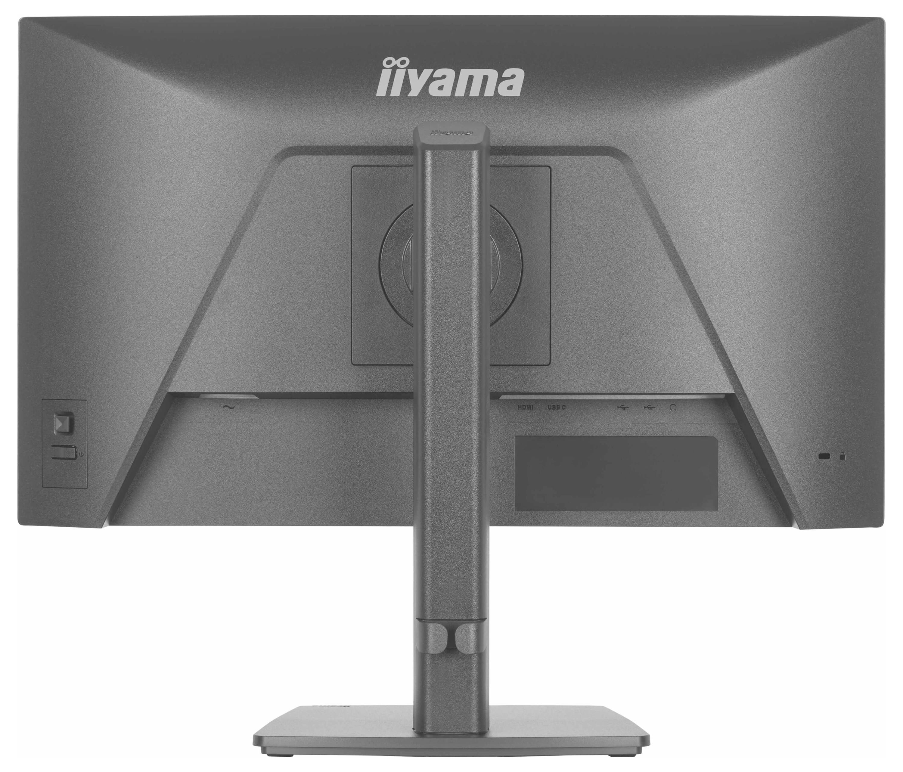 Ein grauer iiyama-Computermonitor von hinten betrachtet, mit verstellbarem Ständer und Kabelorganisationsfunktion.