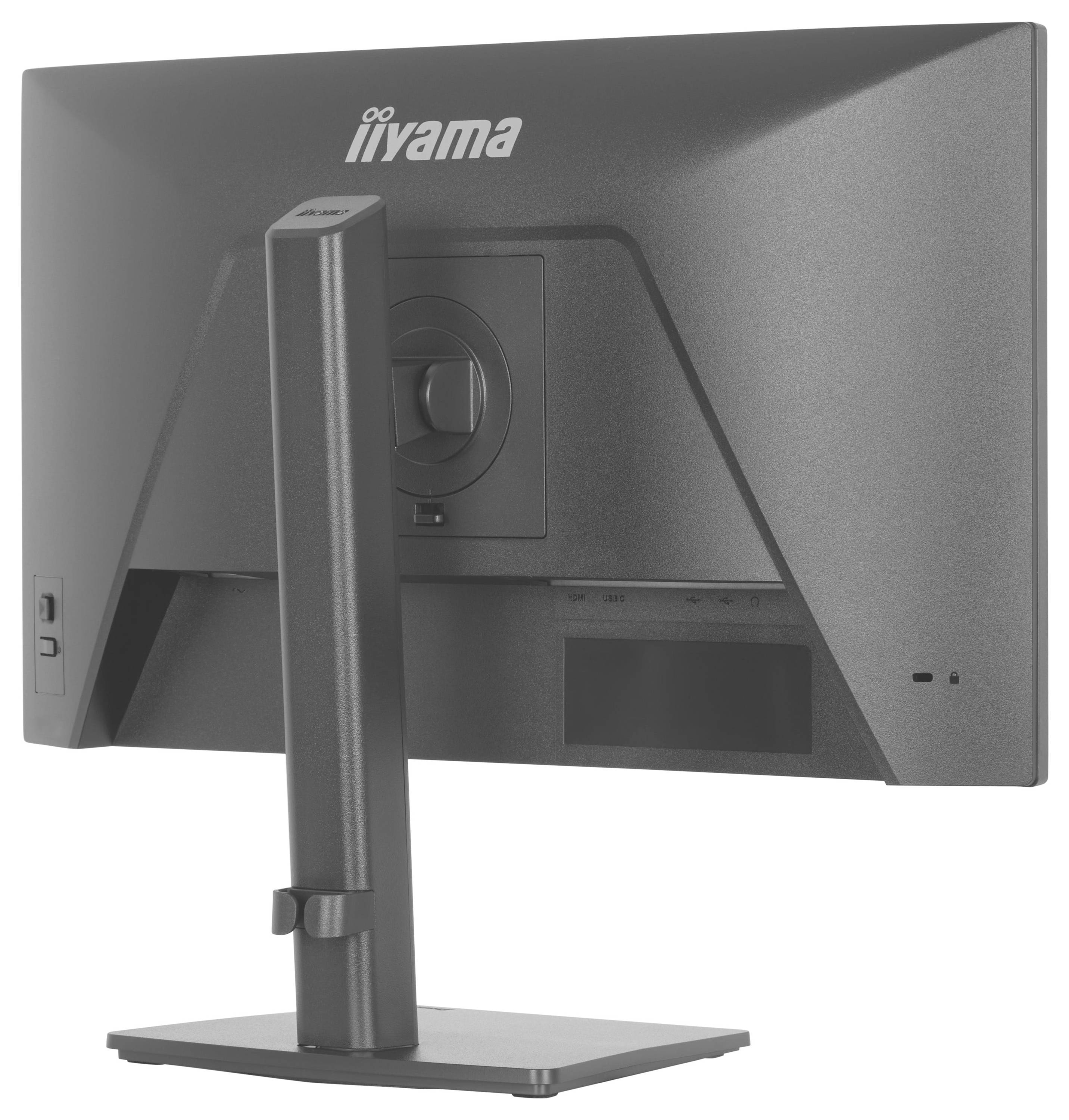 Rückansicht eines schwarzen Computermonitors mit Standfuß, zeigt das Markenlogo und den Portzugriff.