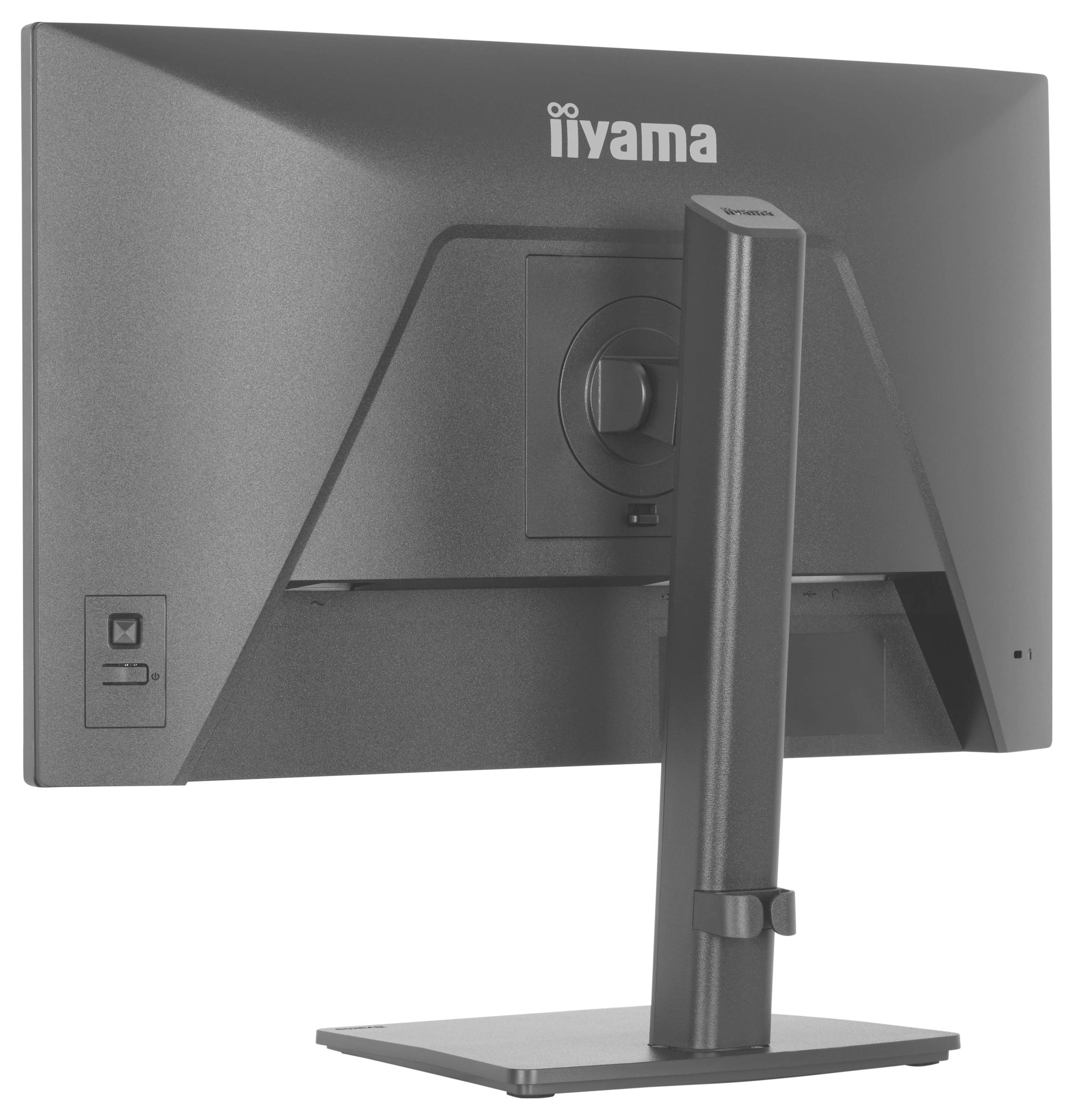 Rückansicht eines schwarzen iiyama-Computermonitors auf einem Ständer, der Anschlüsse und Befestigungssteckplätze auf der Rückseite zeigt.