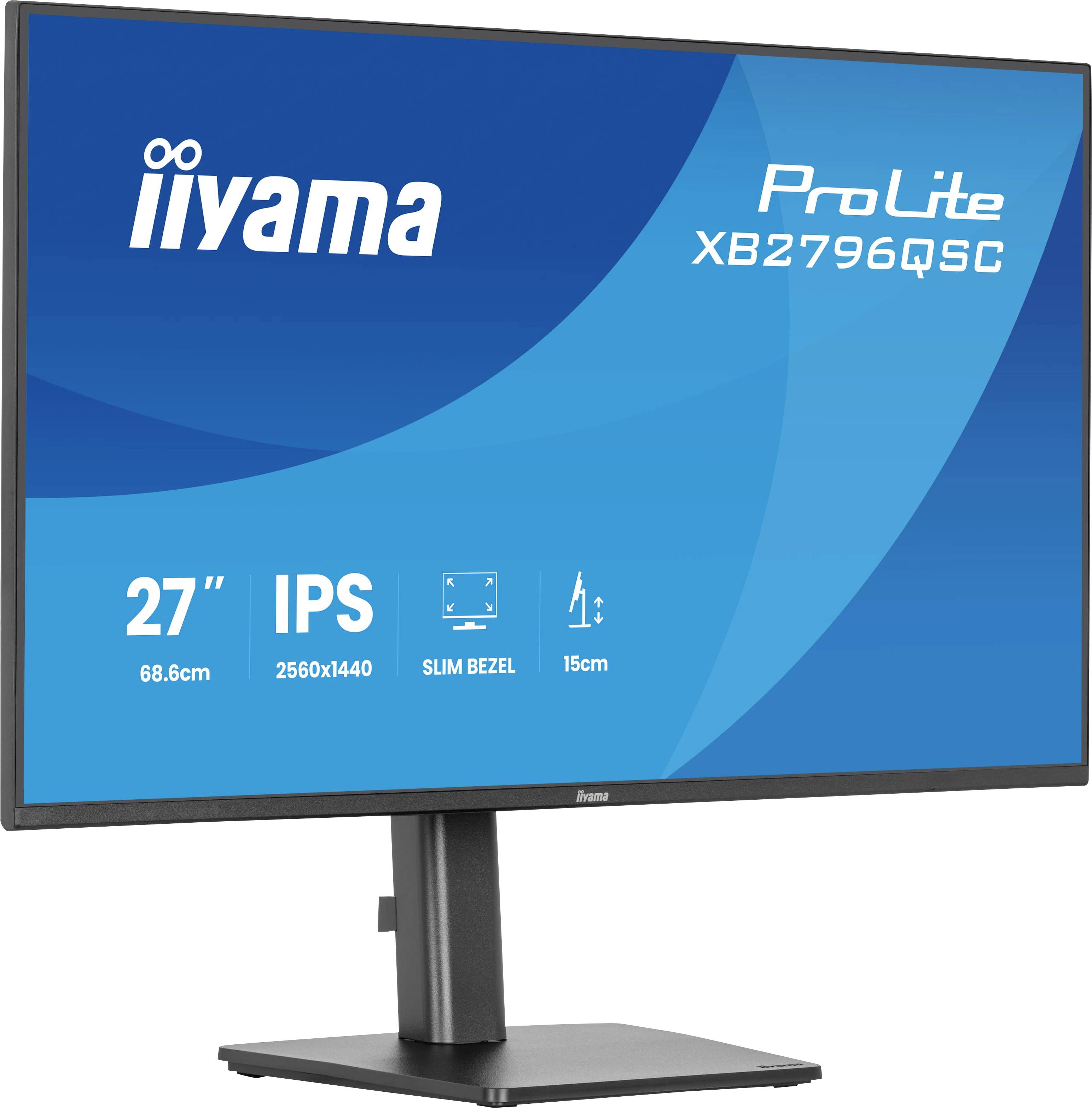 Iiyama ProLite XB2796QSC Monitor mit 27-Zoll-IPS-Display, 2560x1440-Auflösung, schmalem Rahmen und 15 cm Höhenverstellung. Blauer Hintergrund.