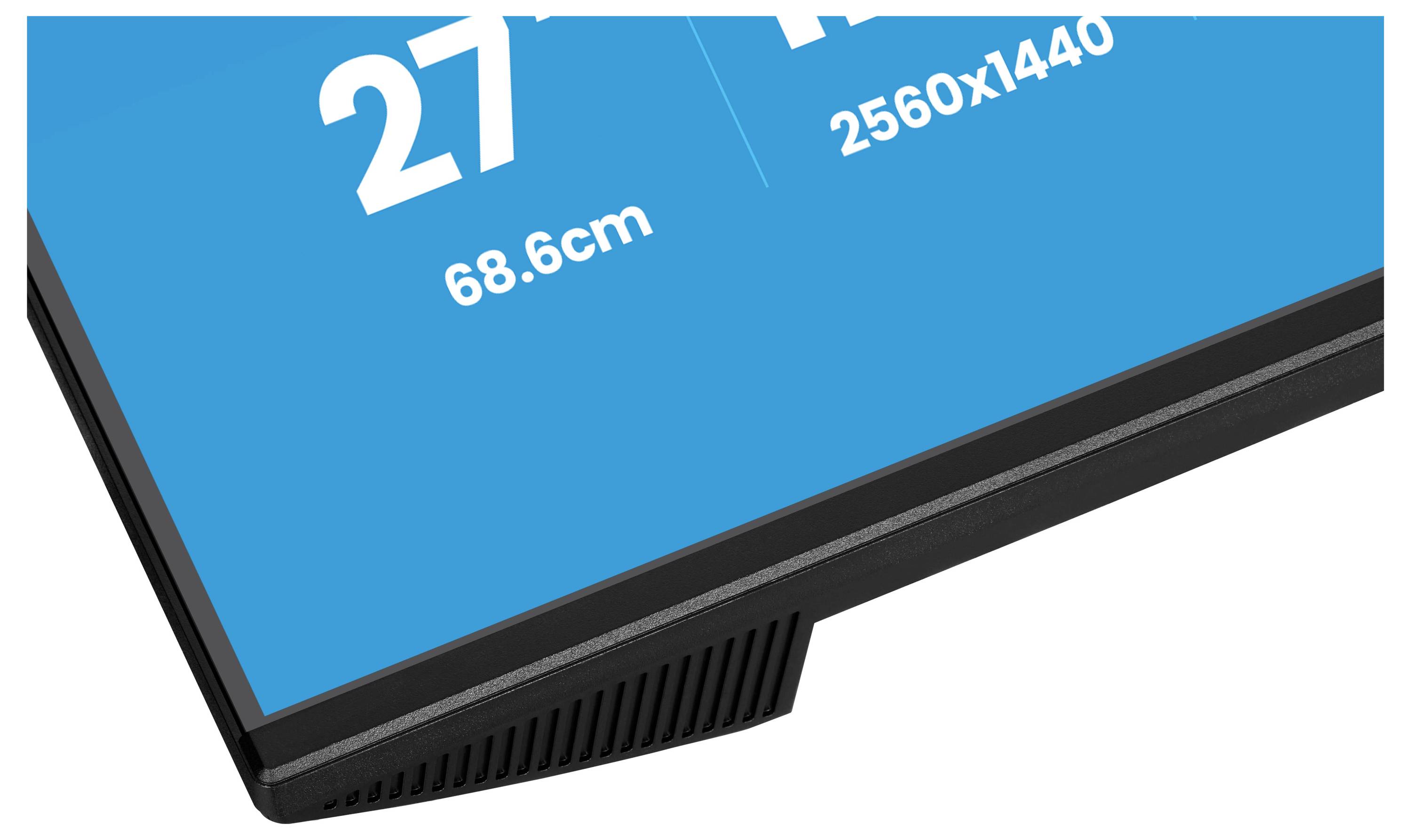 Rückansicht eines schwarzen Monitors auf einem Ständer, die das hintere Design des Bildschirms, die Ständerbefestigung und das Markenlogo oben zeigt.