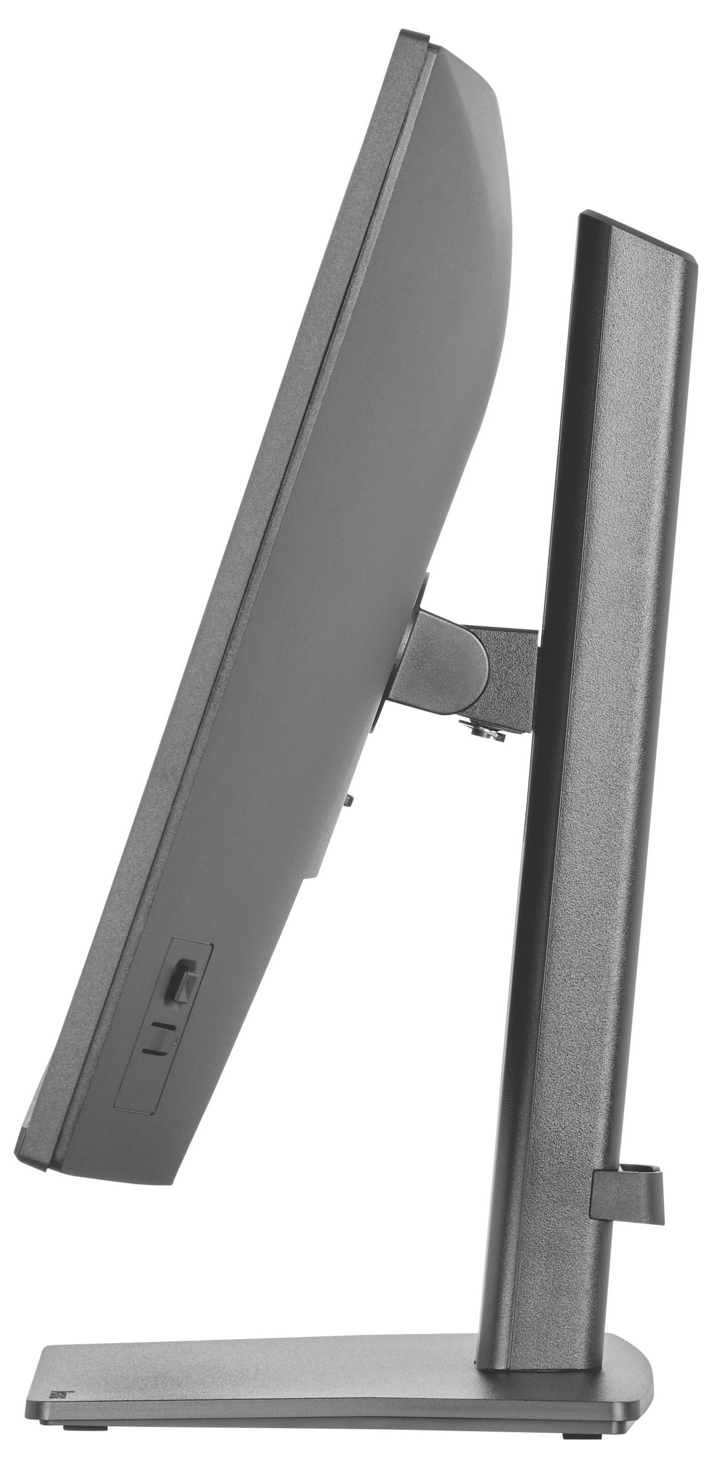 Ein schlanker, moderner Computermonitor von der Seite betrachtet, mit einem eleganten, verstellbaren Ständer.