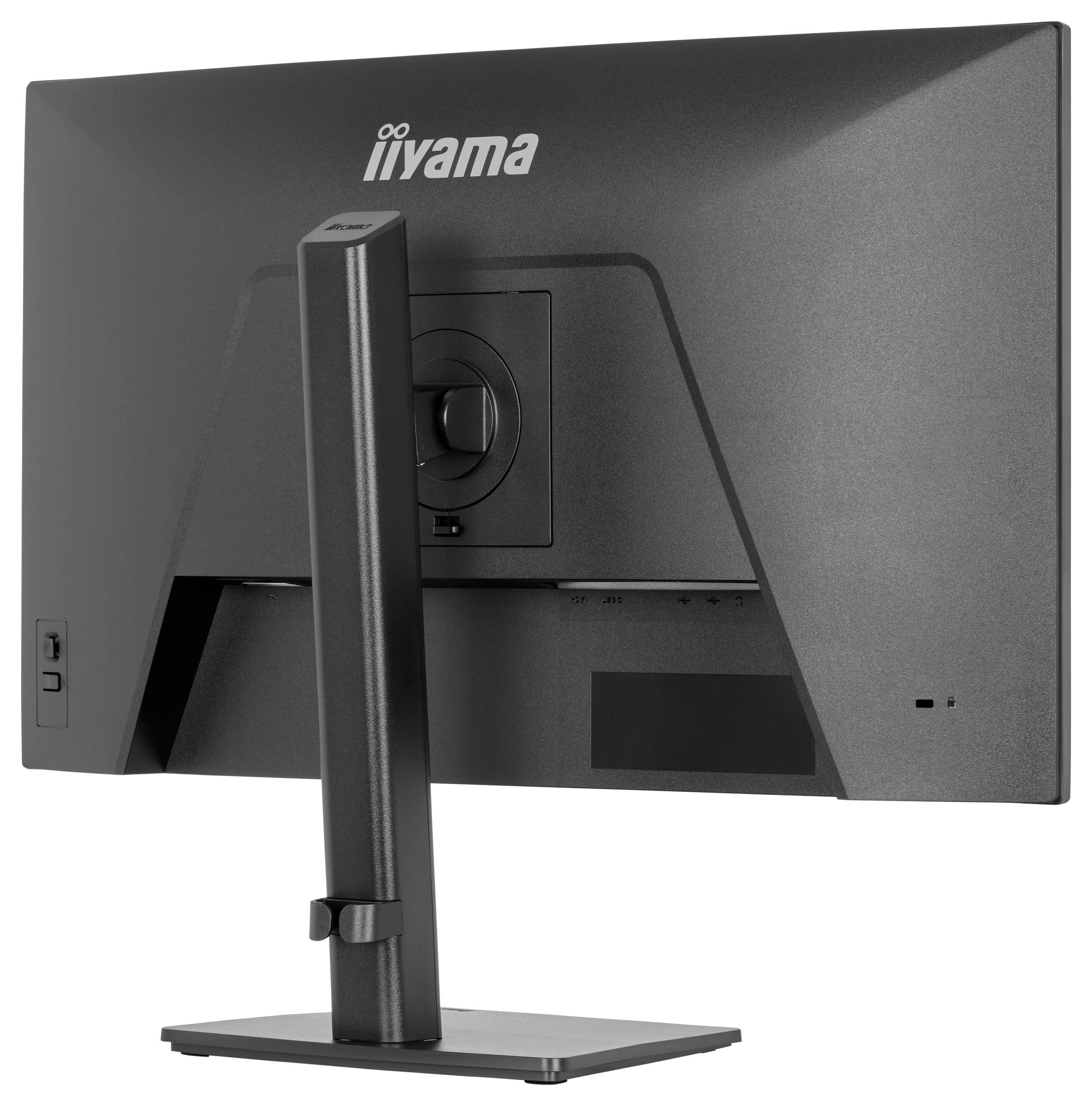 Das Bild zeigt die Rückansicht eines Computermonitors auf einem Ständer mit dem iiyama-Logo.