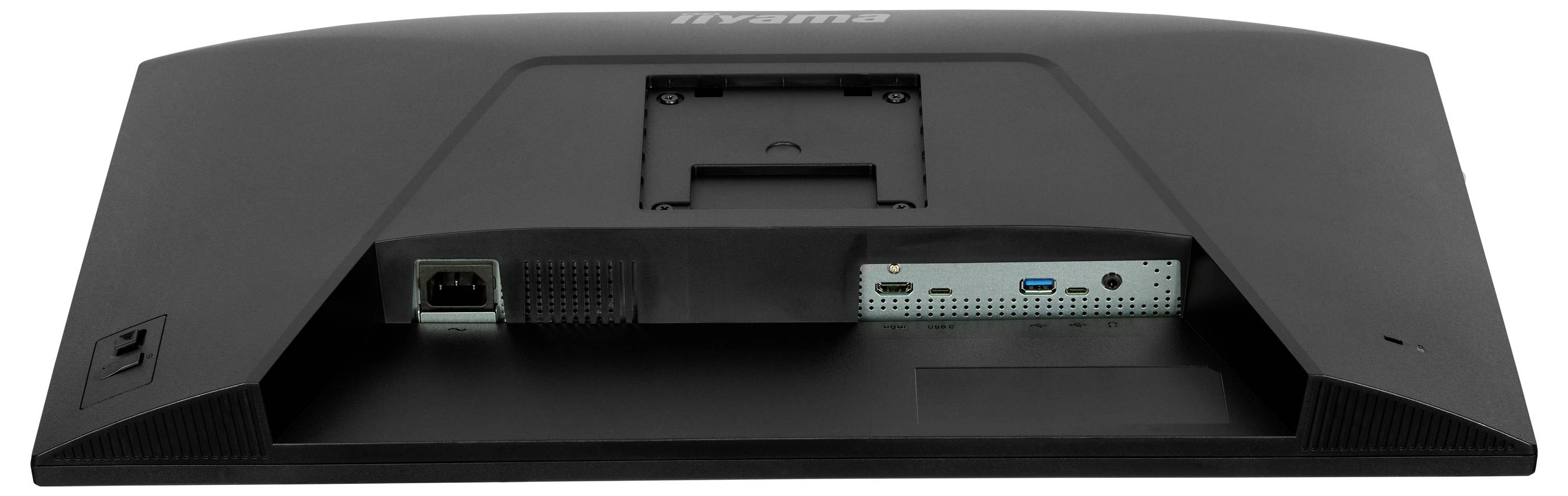 Die Rückseite eines Computermonitors mit verschiedenen Eingabeanschlüssen, darunter HDMI, VGA, eine Stromverbindung und einen USB-Anschluss.