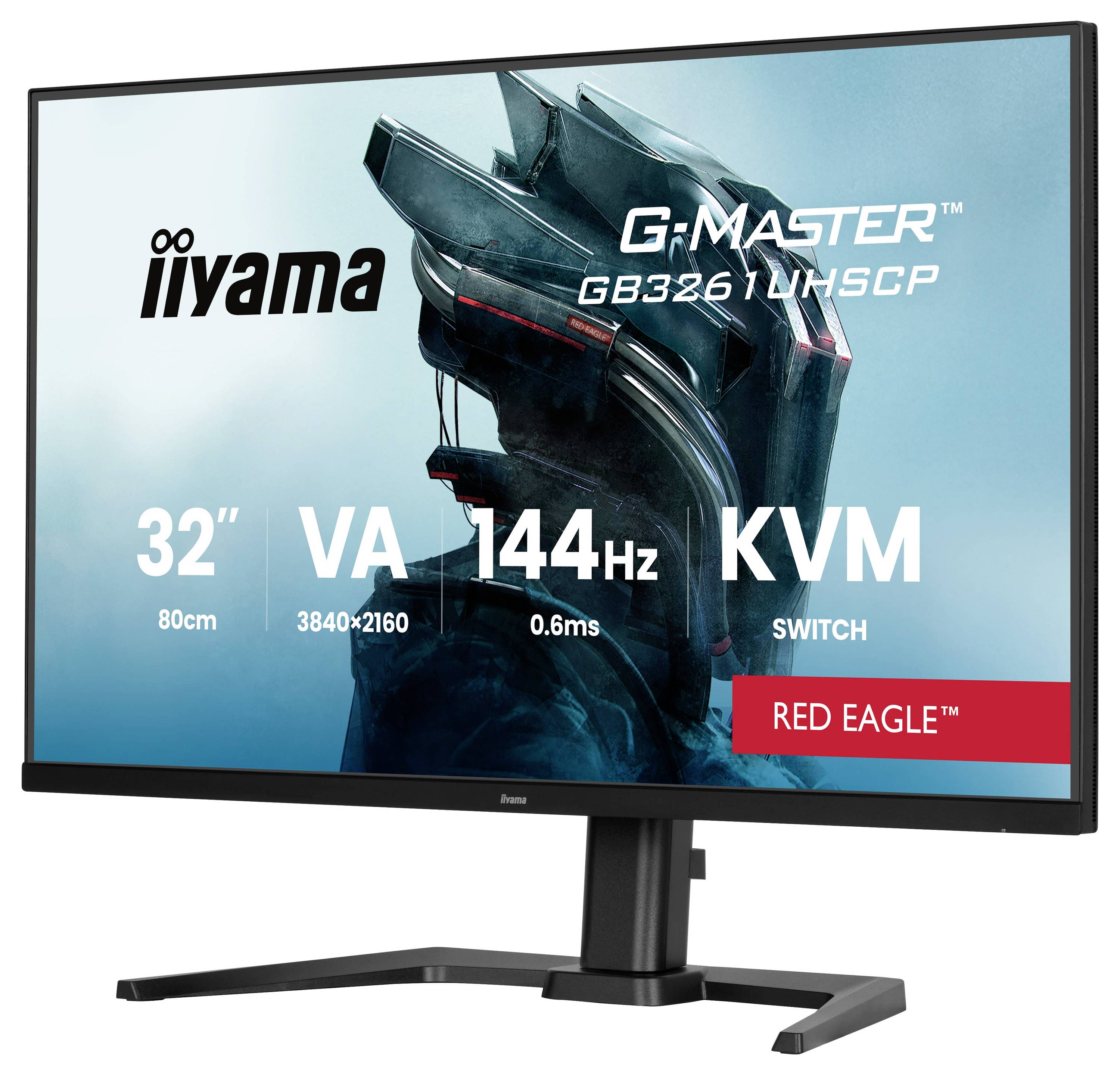 Ein 32-Zoll-iiyama G-MASTER-Monitor zeigt folgende Hauptmerkmale: VA-Panel, 144Hz Bildwiederholfrequenz, 0,6ms Reaktionszeit, 3840x2160 Auflösung, KVM-Schalter.