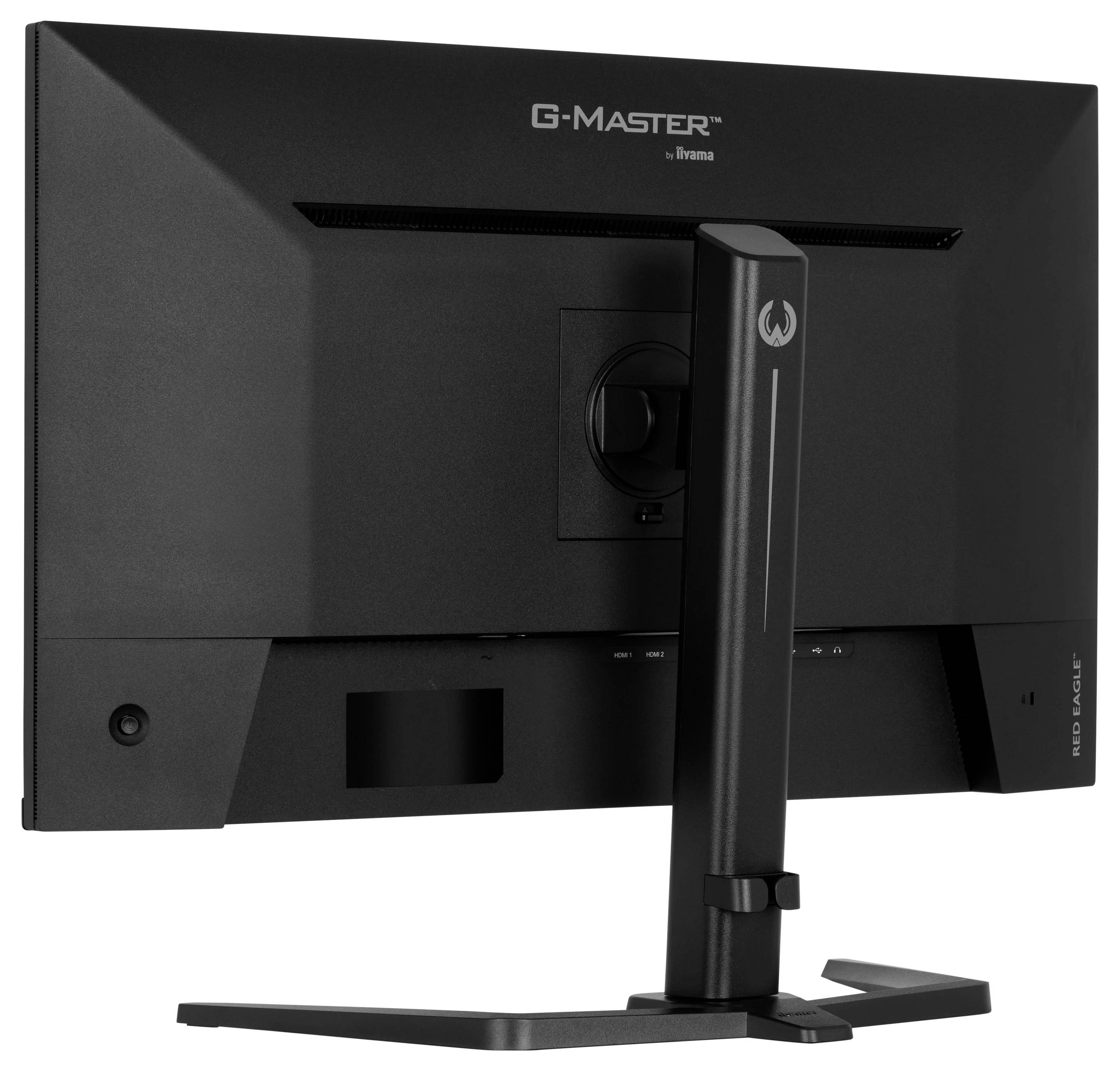 Ein schwarzer Computermonitor von hinten betrachtet, der einen Standfuß und Branding zeigt. Der Bildschirm ist Teil einer Gaming-Serie von iiyama.