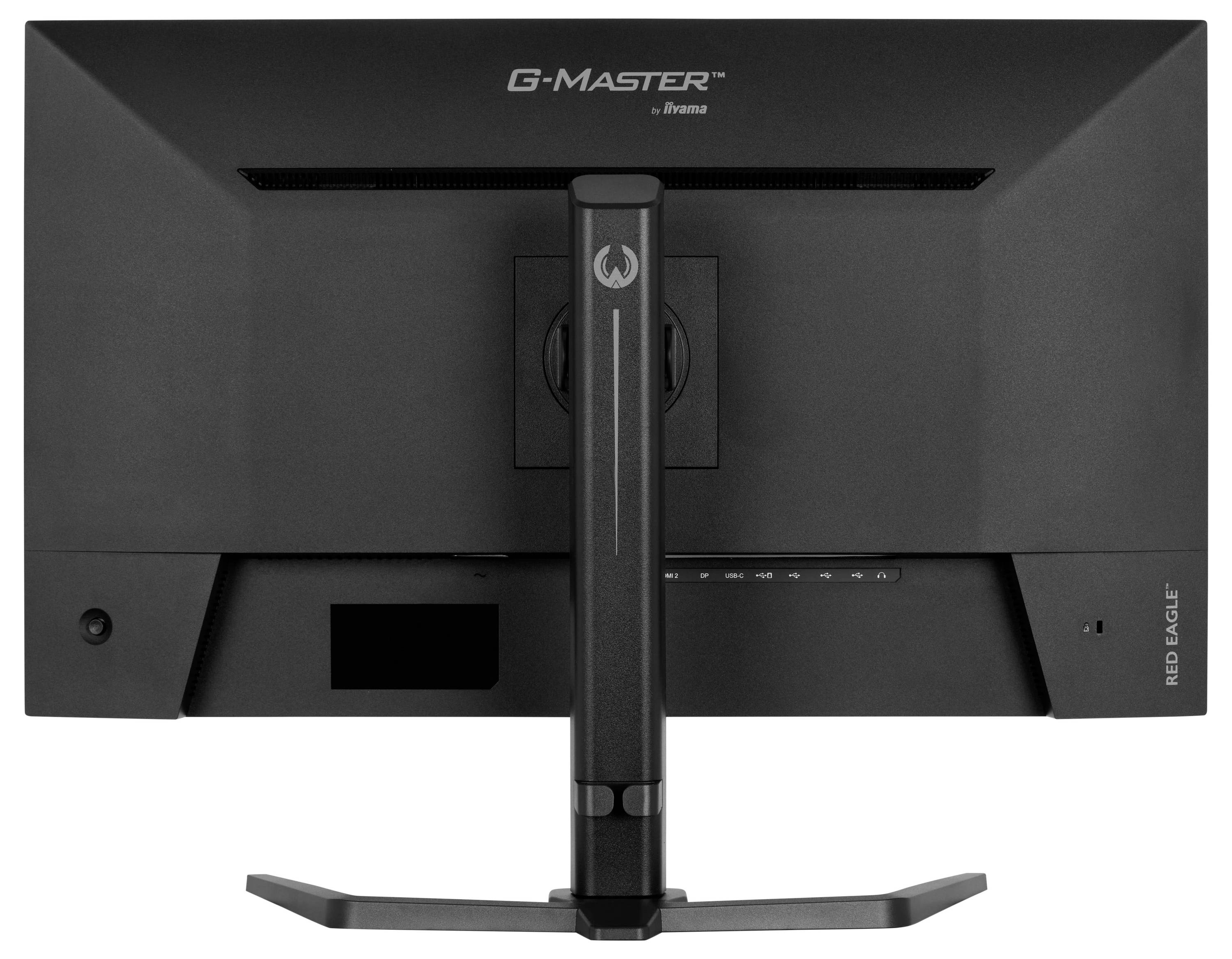 Die Rückansicht eines schwarzen Computermonitors mit Ständer und verschiedenen Anschlüssen.