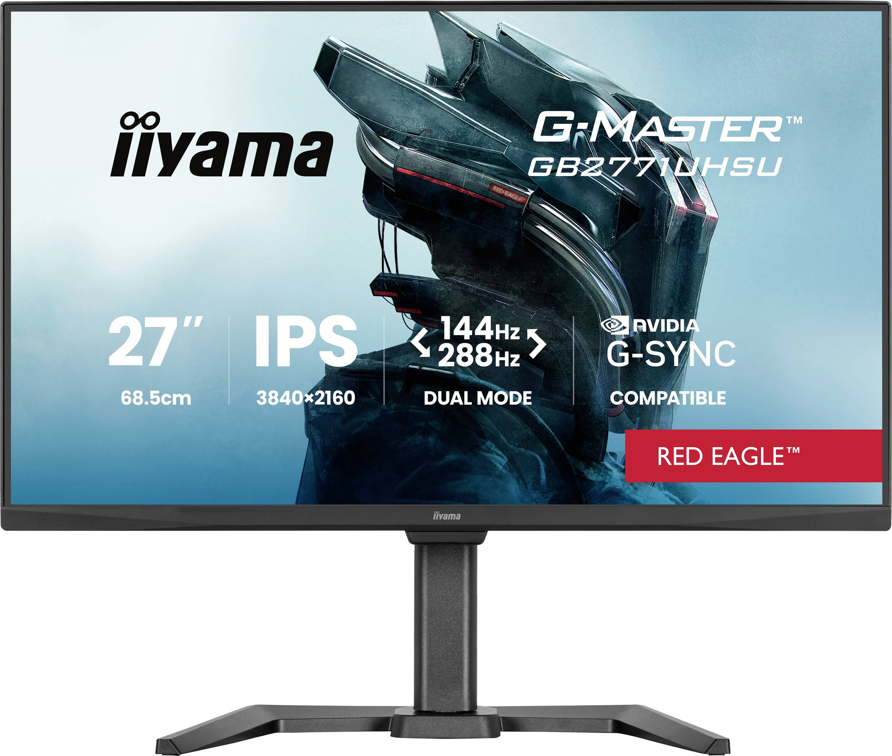 Ein Computer-Monitor mit Branding und technischen Spezifikationen vor einem roboter-thematierten Hintergrund. Wichtigste Merkmale: 27 Zoll Größe, 4K IPS, 144Hz, G-Sync-Unterstützung.
