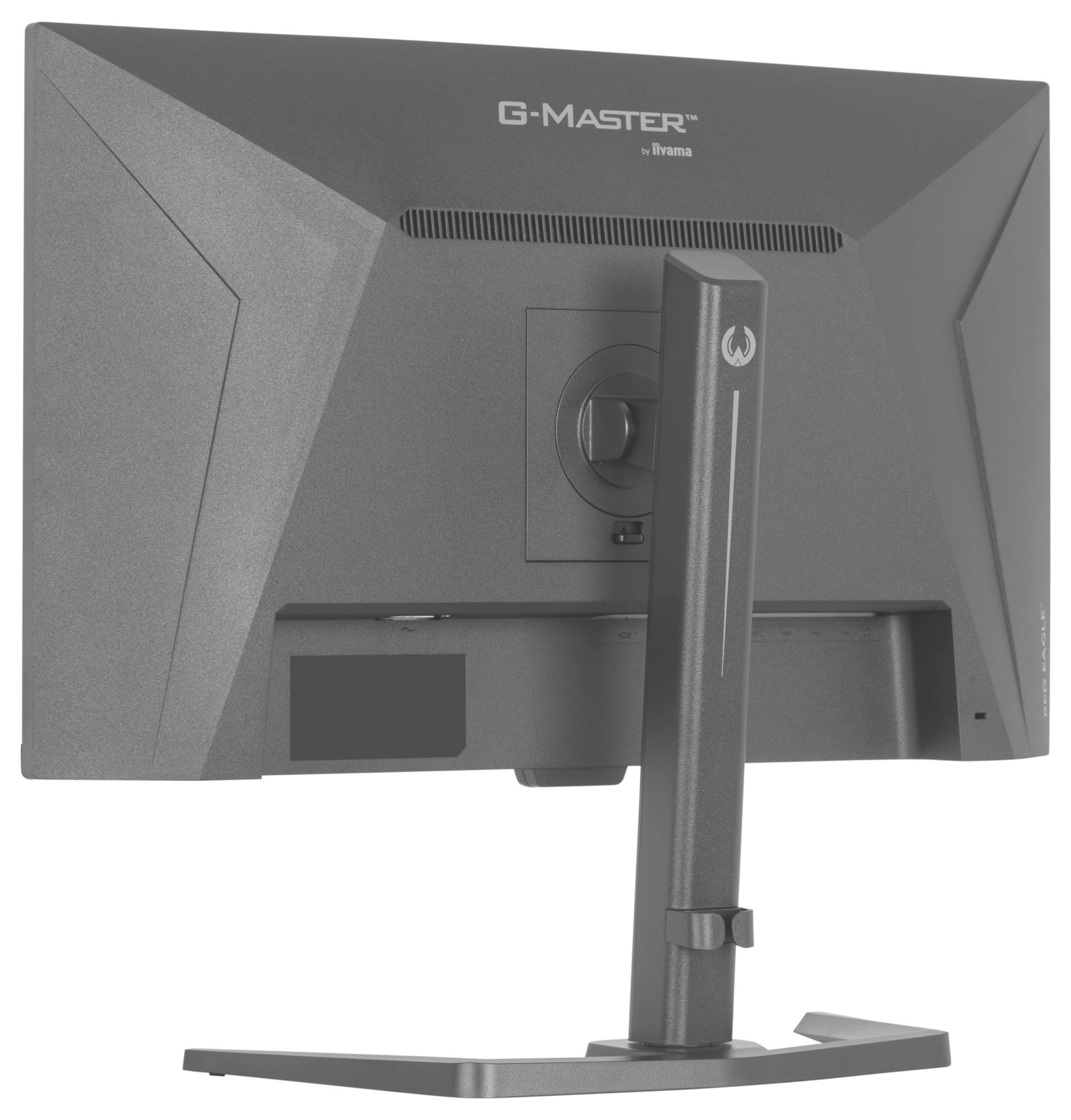 Rückansicht eines grauen Computermonitors mit modernem Standfuß, mit eckigem Design und dem Logo G-Master.