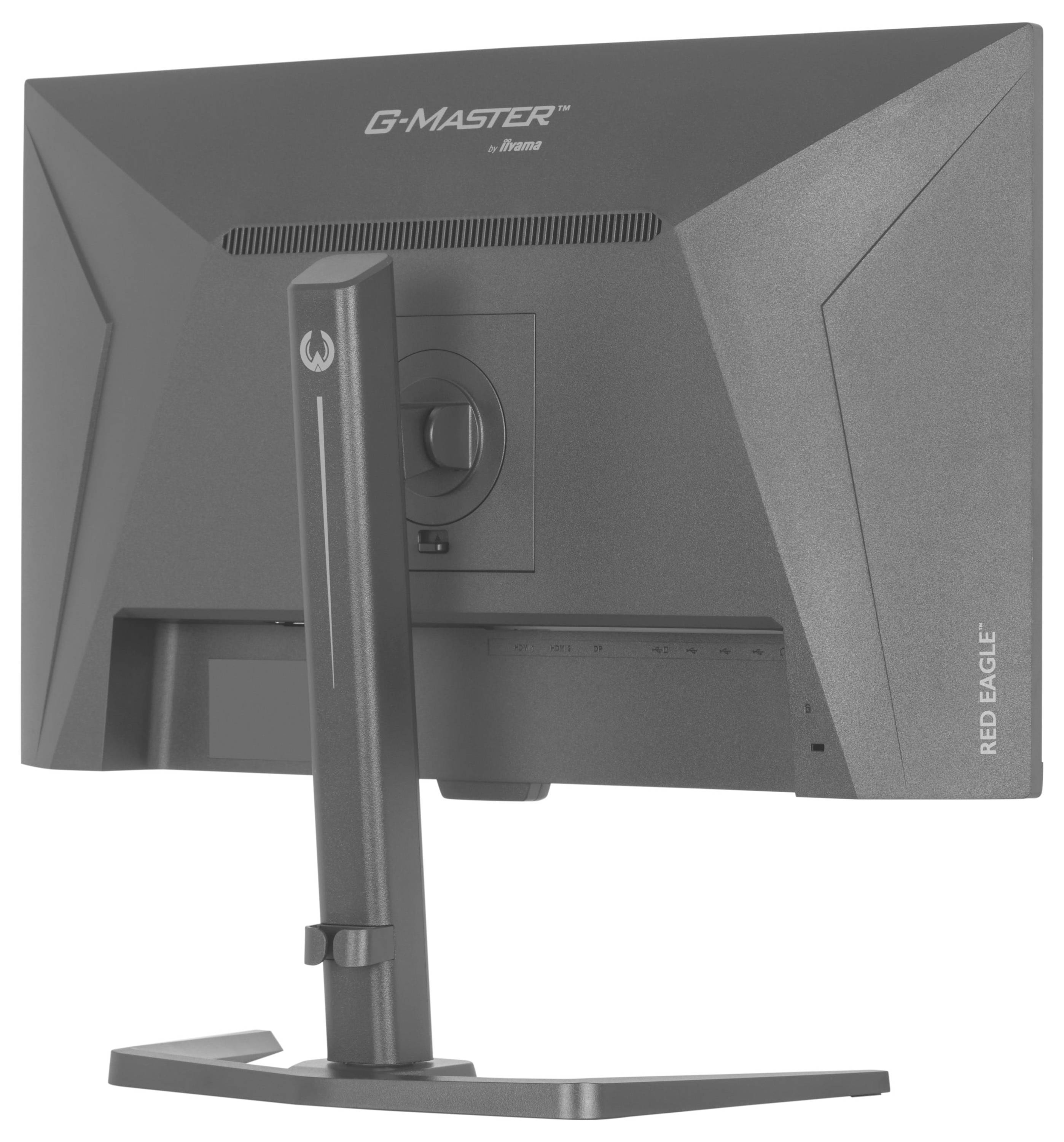 Ein von hinten gezeigter Monitor, der seinen Standfuß und die hinteren Designdetails präsentiert. Die Marke „G-Master