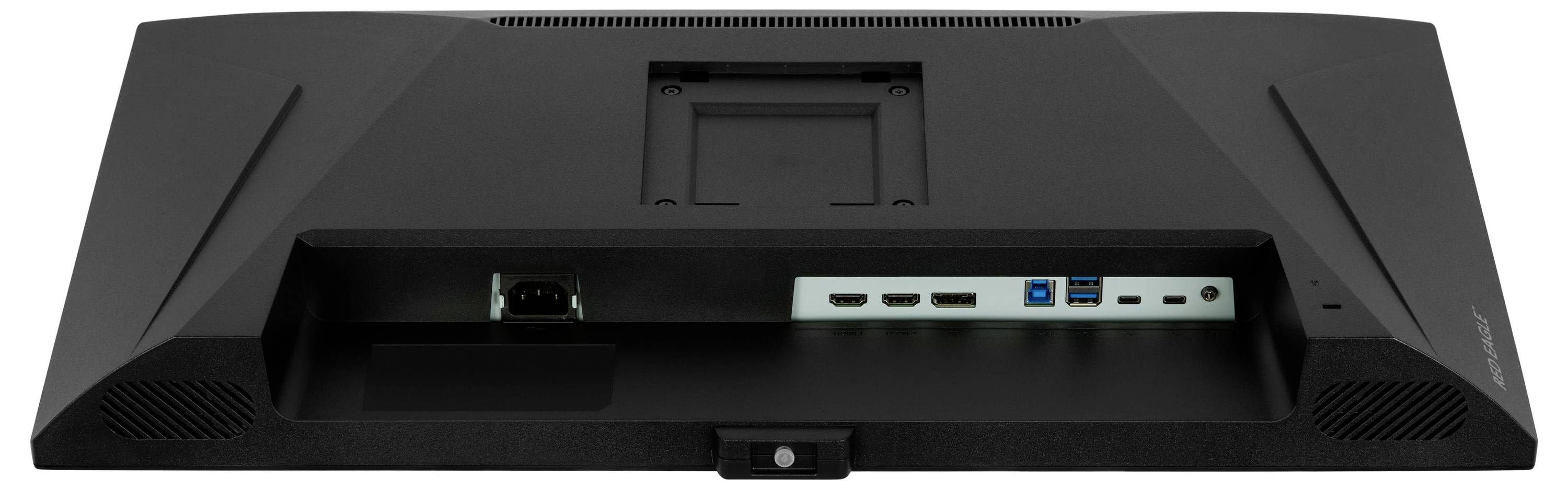 Ein schwarzes elektronisches Gerät mit verschiedenen Anschlüssen, einschließlich USB, HDMI und Ethernet, die sich auf seiner Rückseite befinden.