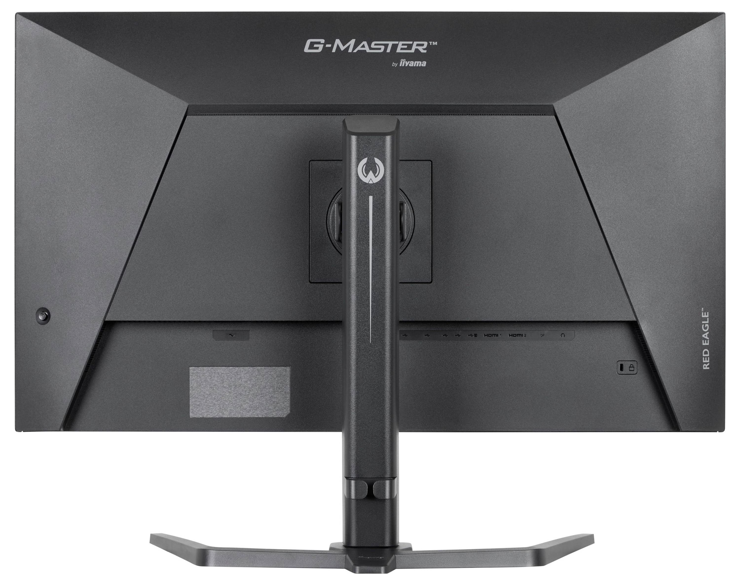 „Rückansicht eines G-Master-Monitors mit verstellbarem Ständer und Anschlussanschlüssen, auf der Seite mit „Red Eagle
