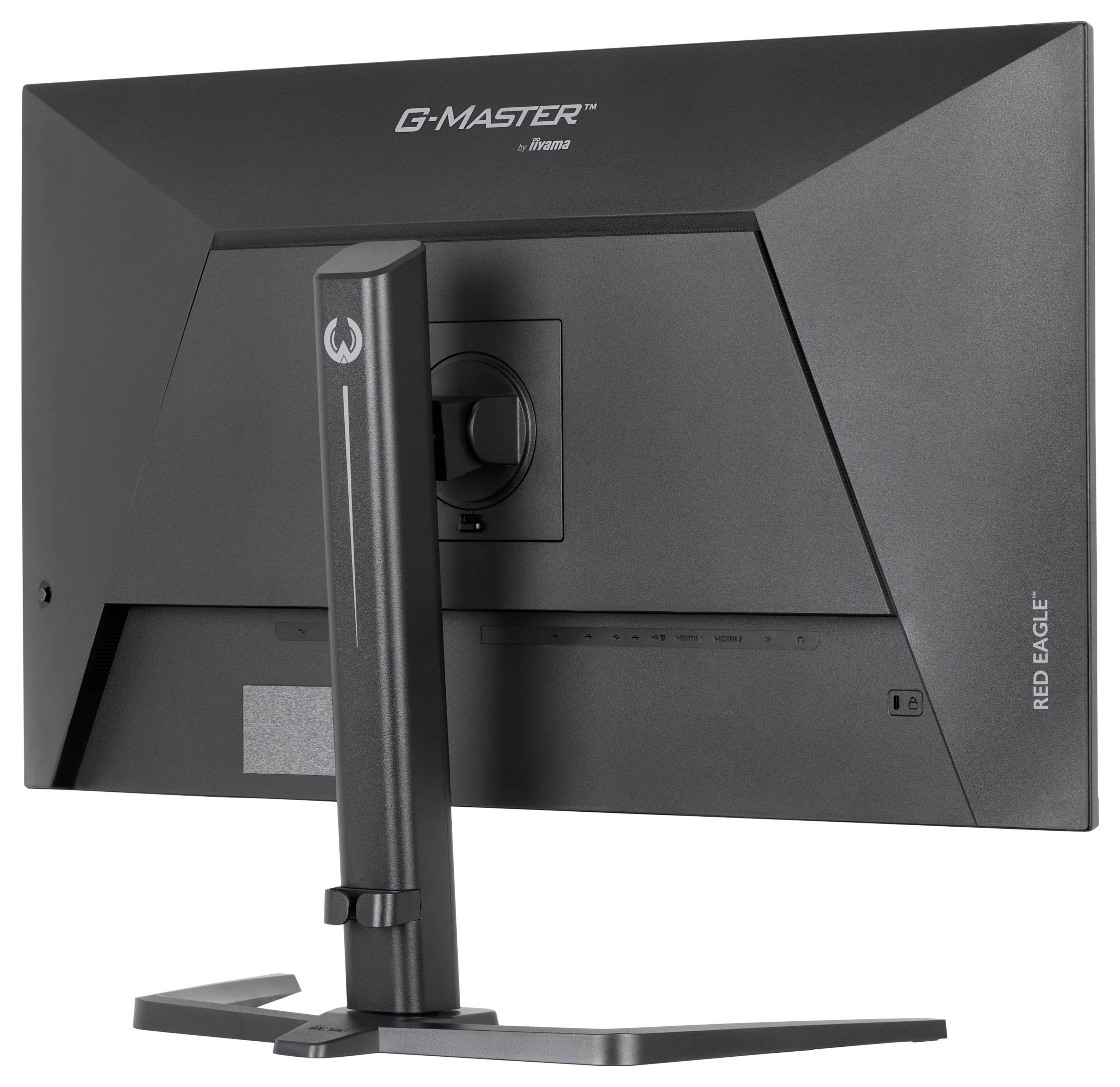 Eine Rückansicht eines G-Master Red Eagle Computer-Monitors von iiyama mit seinem robusten Ständer und minimalistischem Design.