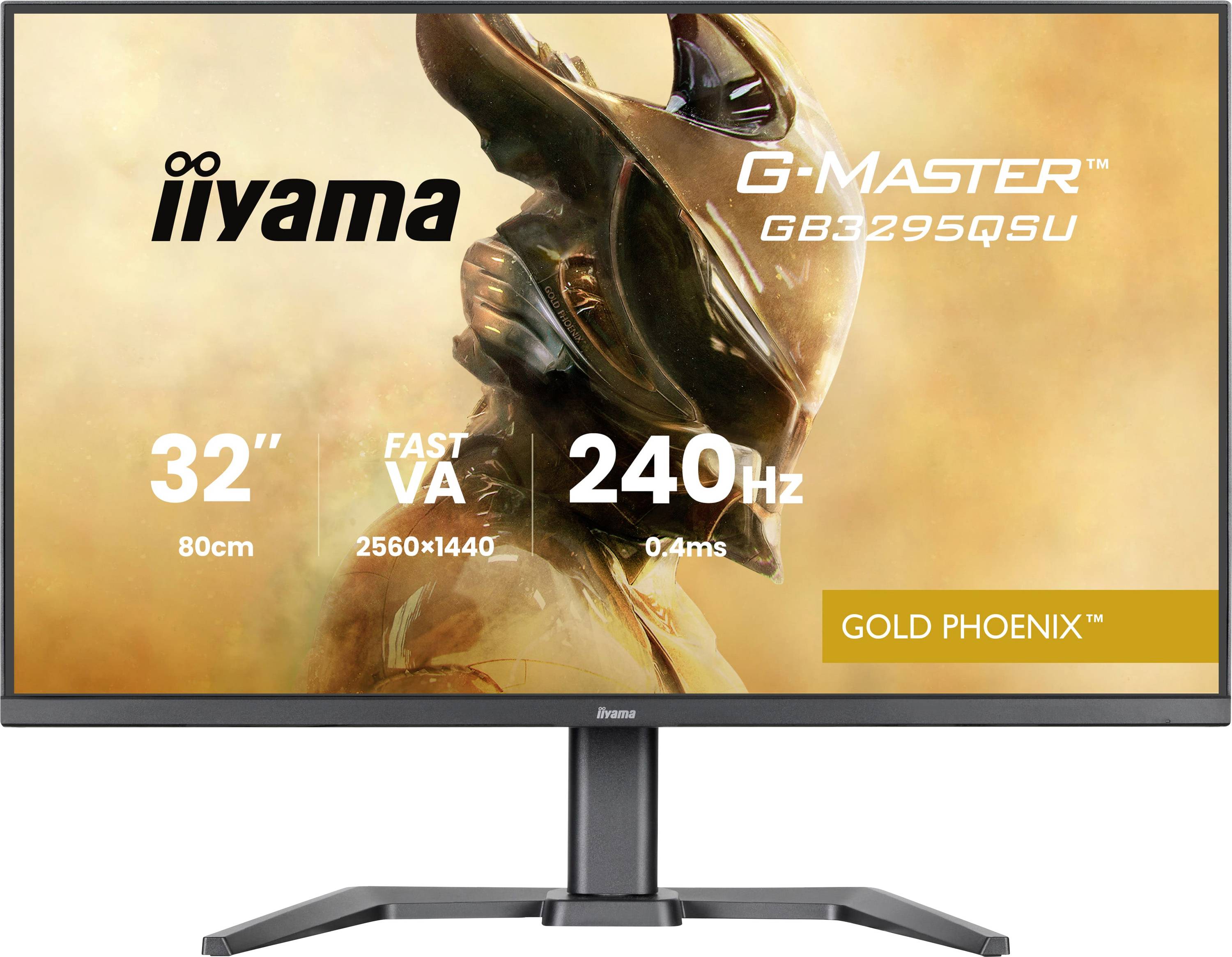 „32-Zoll-iiyama G-Master GB3295QSU-Monitor mit 240-Hz-Bildwiederholfrequenz, 2560x1440-Auflösung, 0,4-ms-Reaktionszeit und Gold-Phoenix-Design.