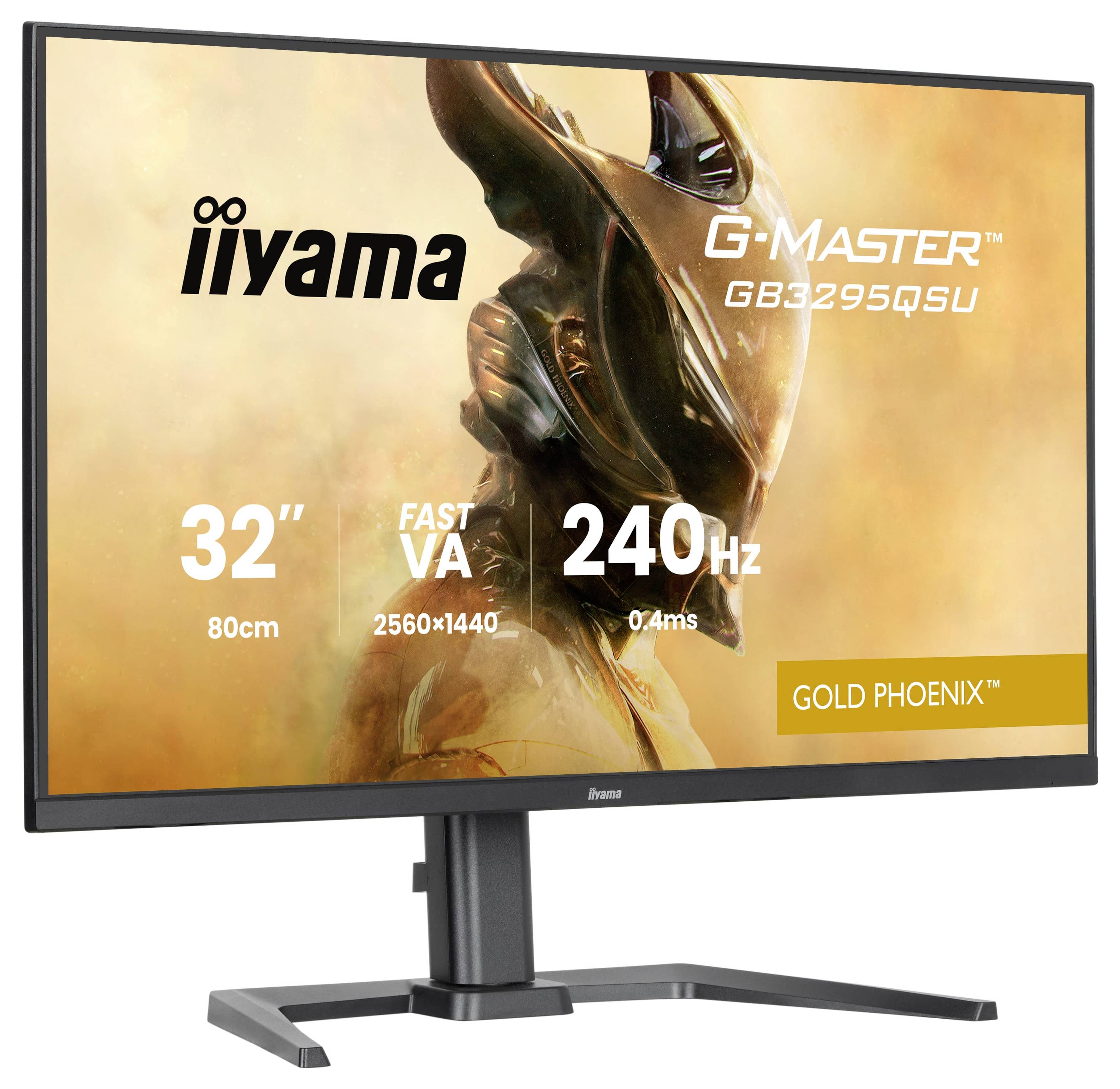 Ein Computermonitor zeigt ein Bild futuristischer Rüstung an und bewirbt einen 32-Zoll-Bildschirm mit 2560x1440-Auflösung und 240-Hz-Bildwiederholfrequenz.