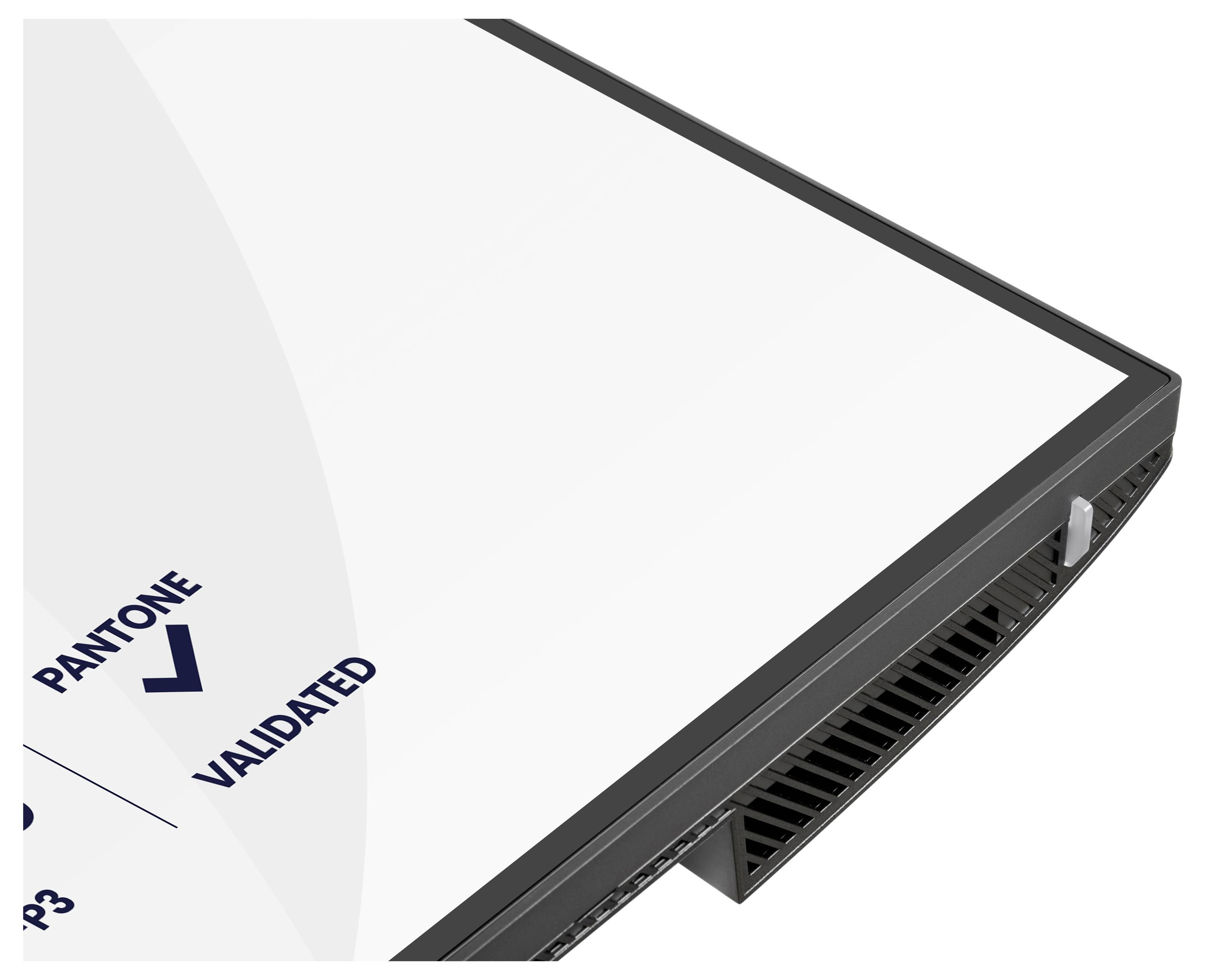 Eine Nahaufnahme einer Ecke eines Computermonitors, die eine Pantone-Validierte Zertifizierung anzeigt und die genaue Farbwiedergabe symbolisiert.