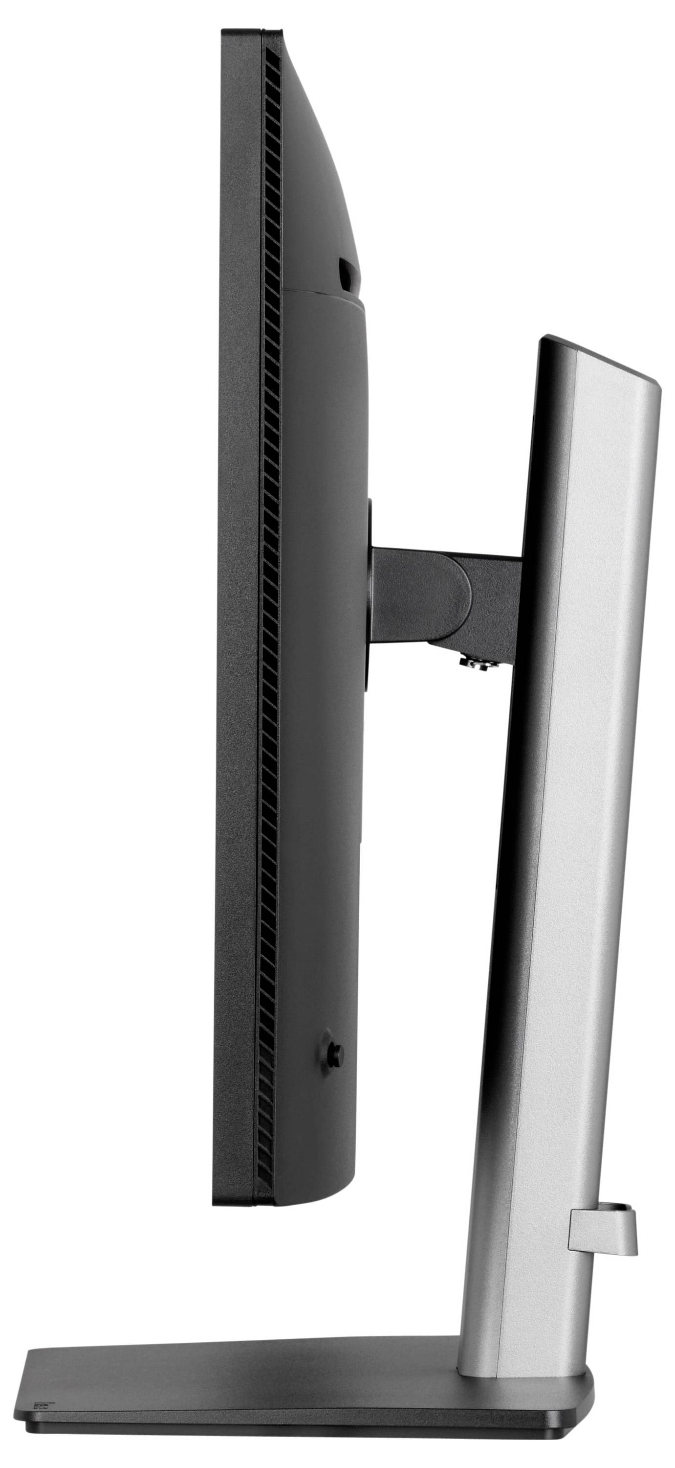 Ein moderner Computermonitor von der Seite betrachtet, der sein schlankes Profil und seinen verstellbaren Ständer zur Schau stellt.